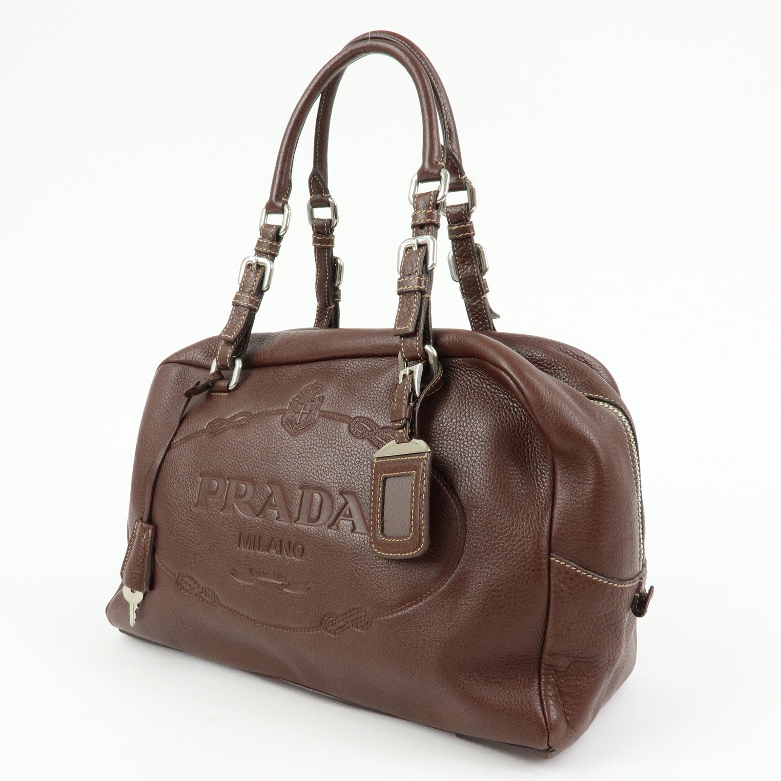PRADA Vitello Daino Leather Boston Bag Hand Bag Brown BR3090