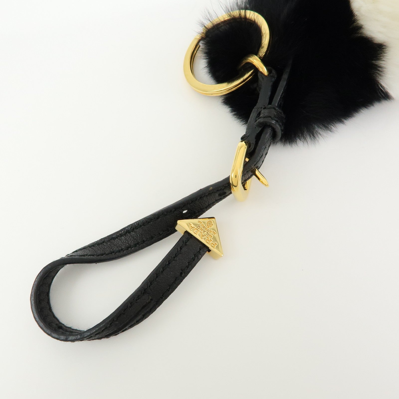 PRADA Triangle Logo Lapin Leather Bag Charm Key Charm Black White