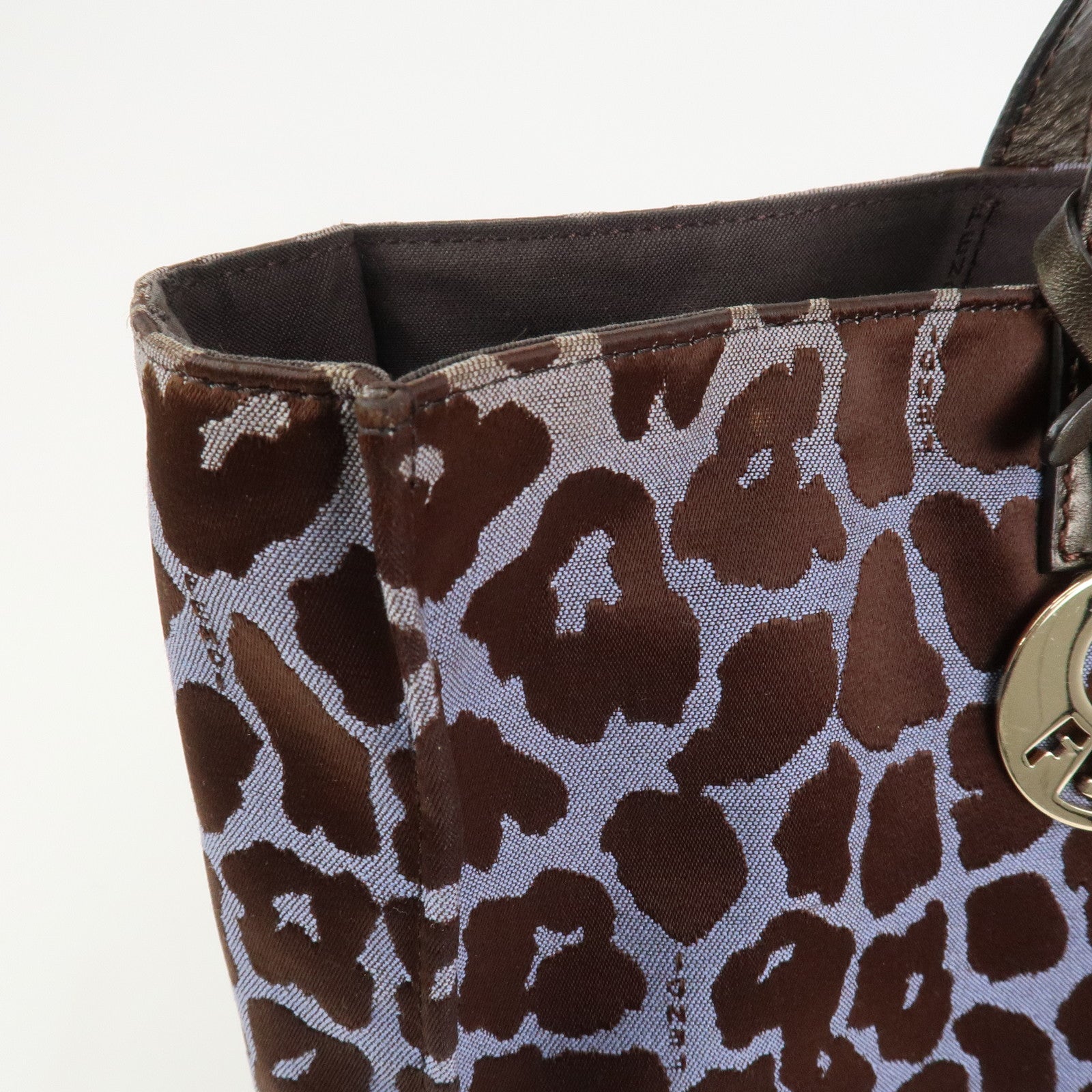 FENDI Leopard Canvas Satin Leather Tote Bag Hand Bag Blue 8BH173