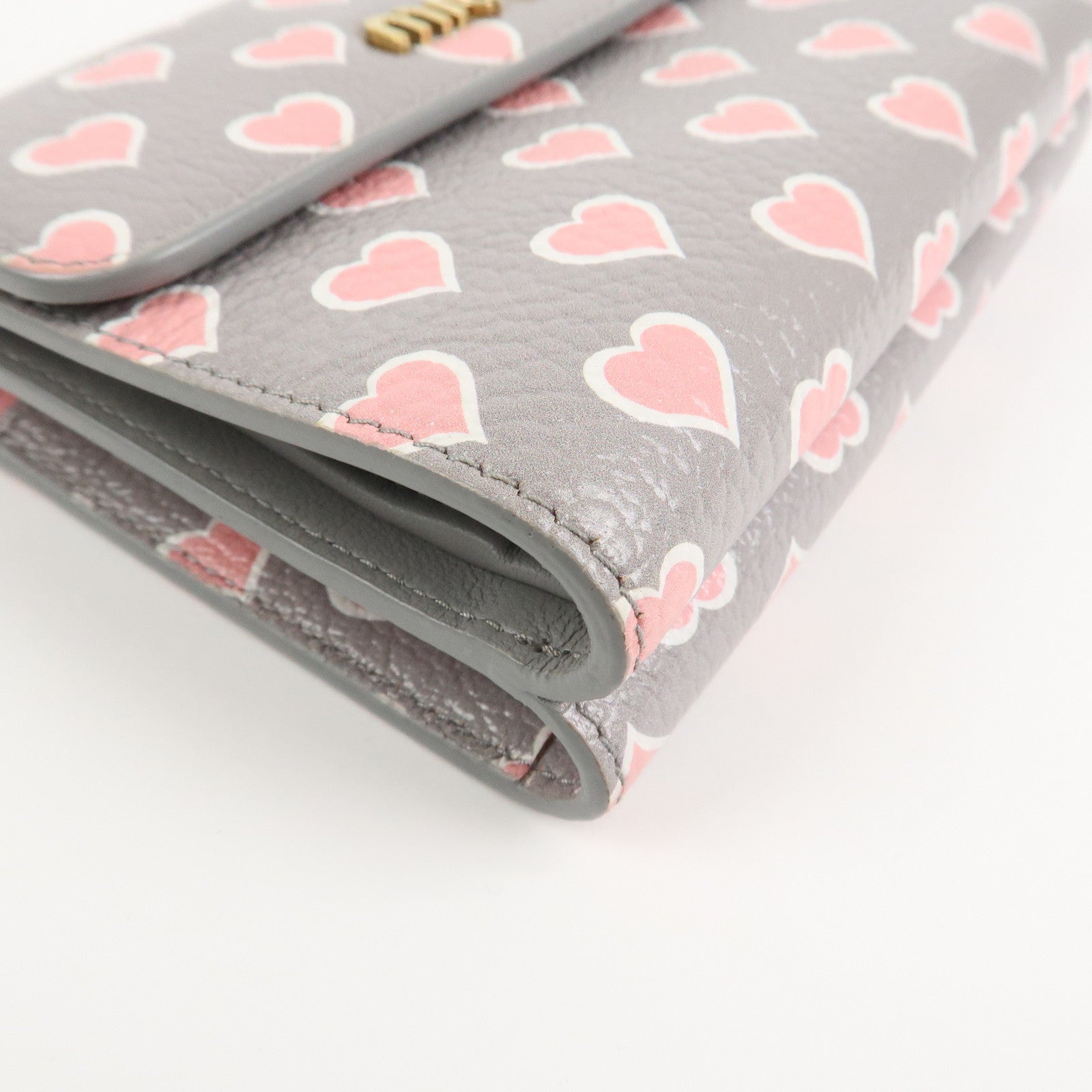 MIU MIU Leather Heart BI-fold Wallet Pink Gray Gold Hardware 5ML014 Used