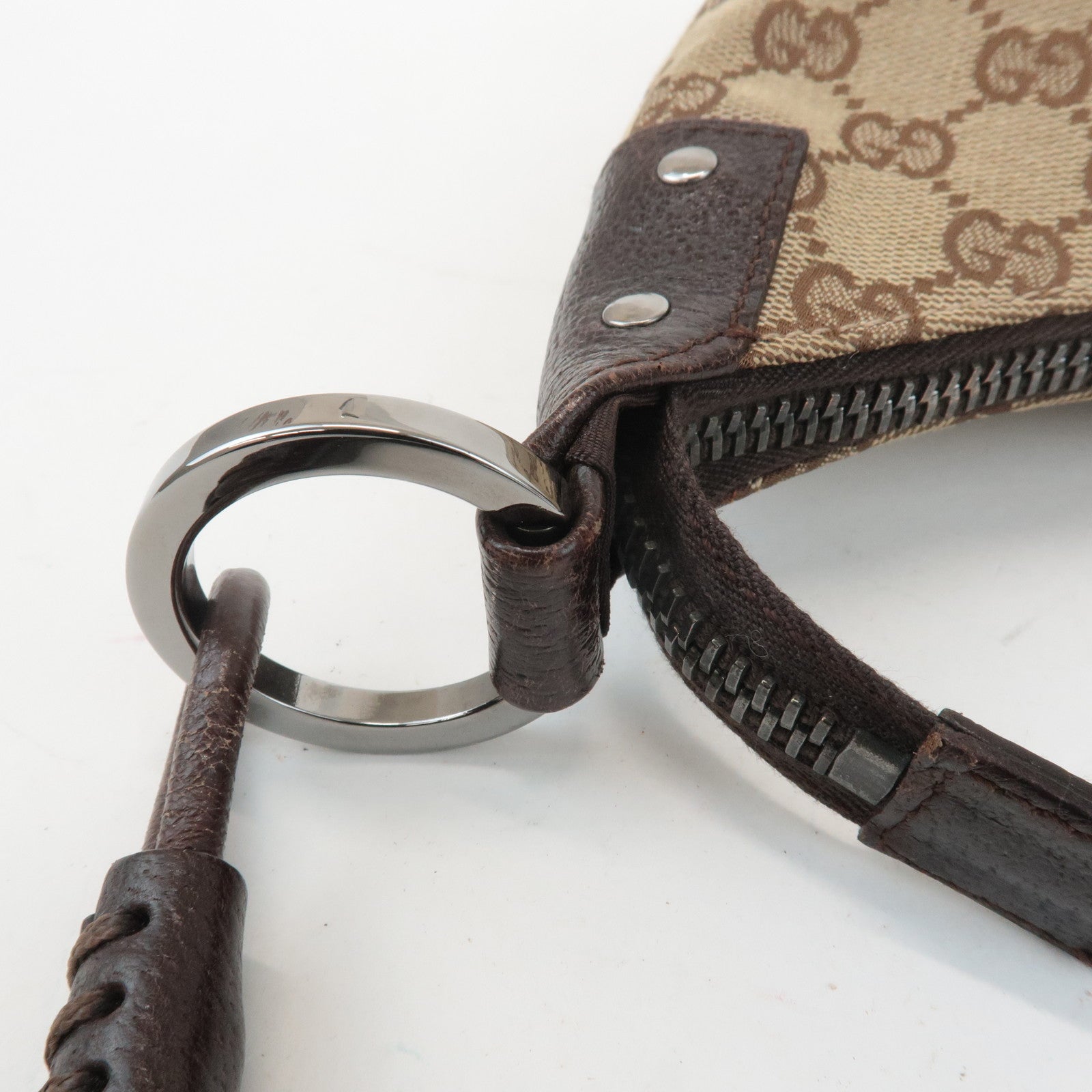 GUCCI GG Canvas Leather Shoulder Bag Hand Bag Beige Dark Brown 115002 Used