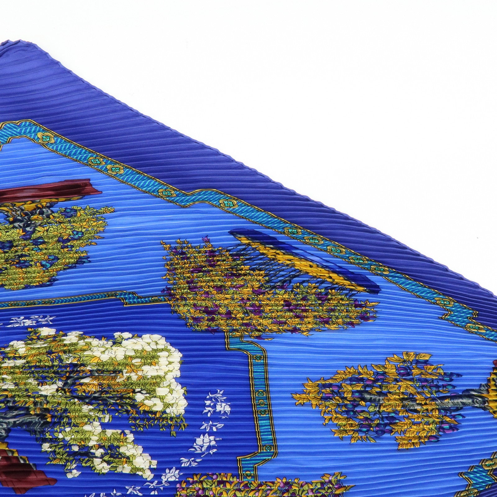 HERMES Pleated Carre 90 Silk 100% Scarf BONSAI Blue Light Green