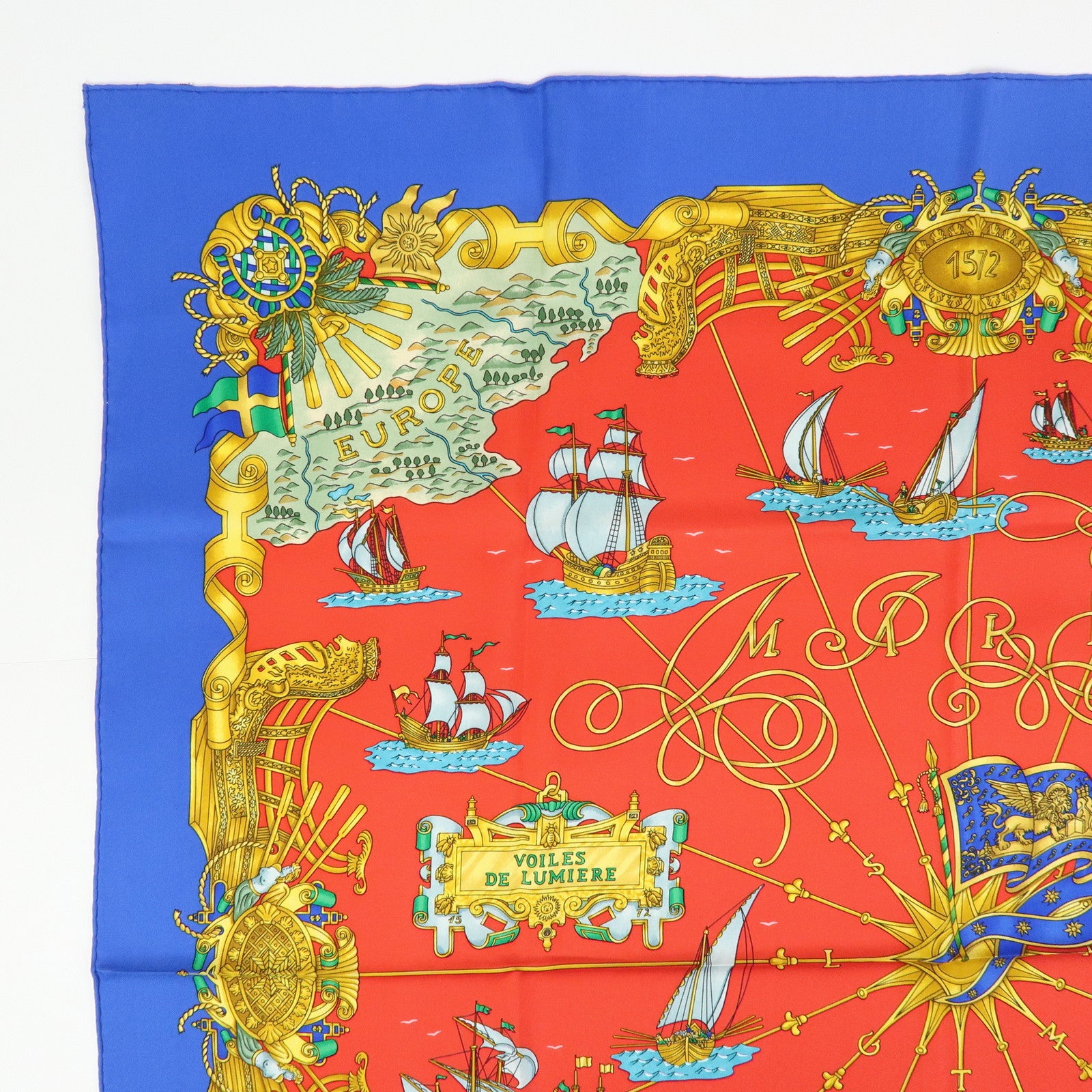 HERMES Carre 90 Silk 100% VOILES DE LUMIERE Scarf Red Blue