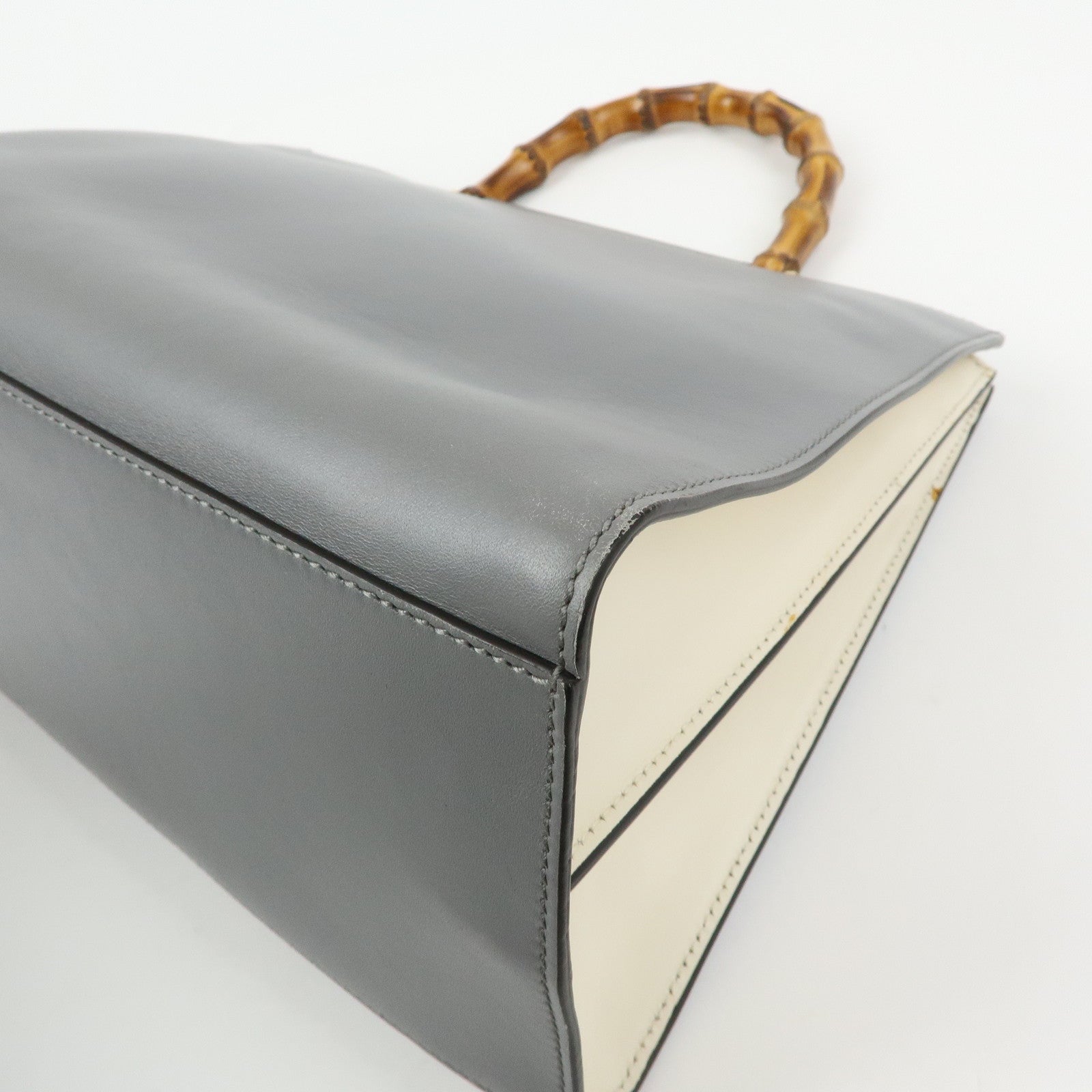 GUCCI Sherry Bamboo Nymphaea Leather 2Way Bag Gray White 453764