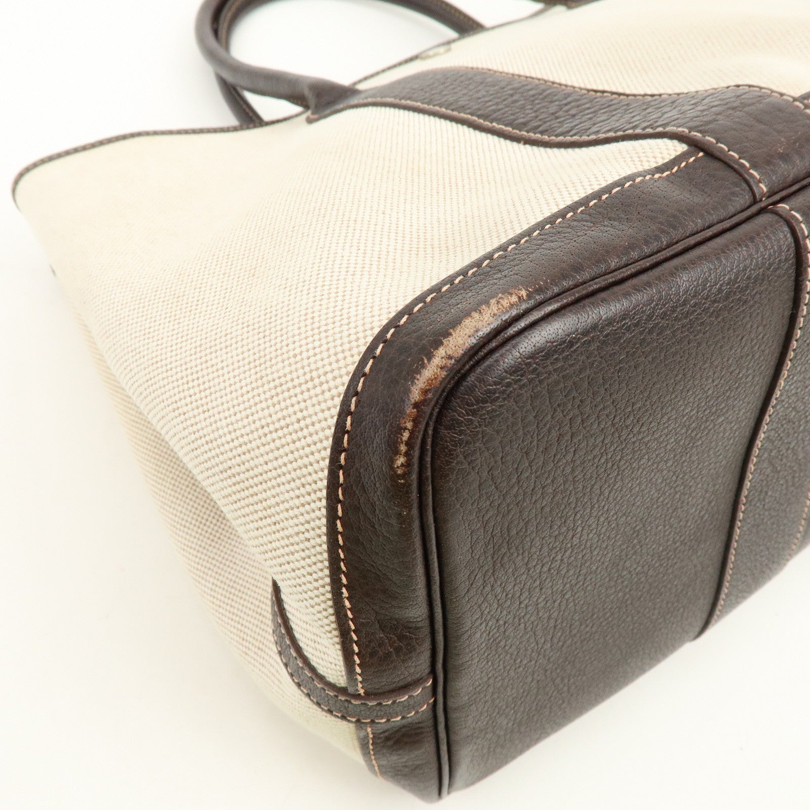 HERMES Garden Party Canvas Leather Tote Bag Beige Brown □H Stamped