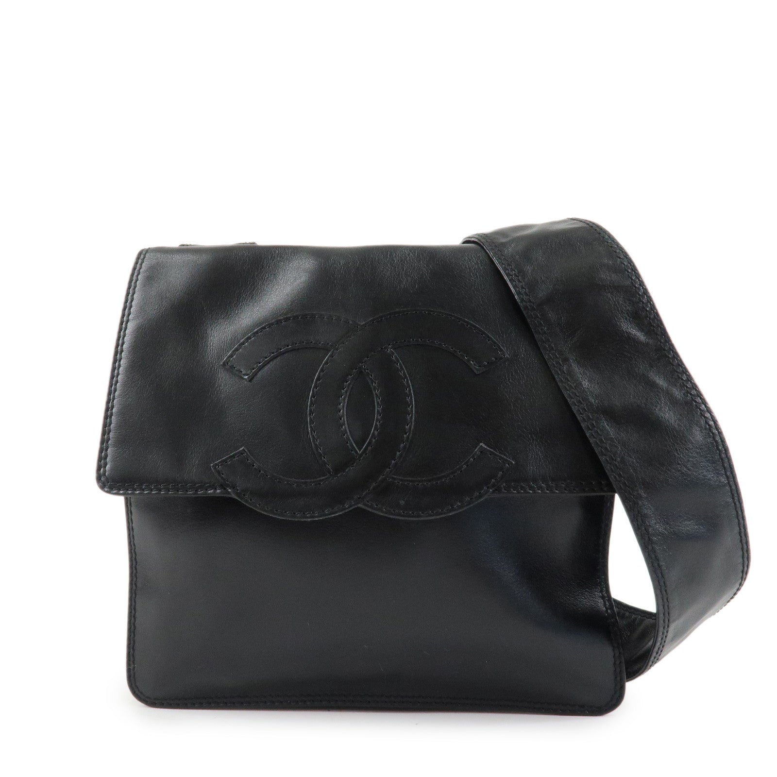 CHANEL COCO Mark Lamb Skin Shoulder Bag Crossbody Bag Black Used