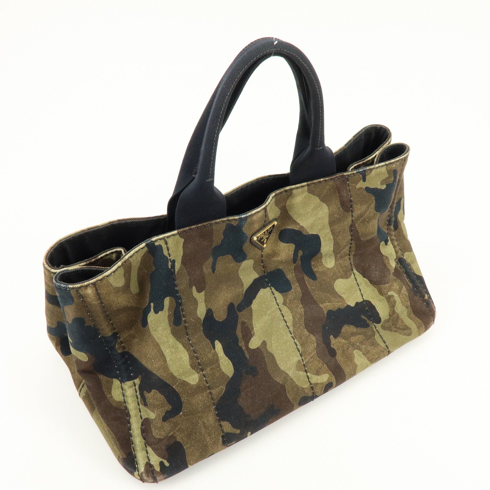 PRADA Canapa Large Tote Bag Hand Bag Khaki Black Brown BN1872