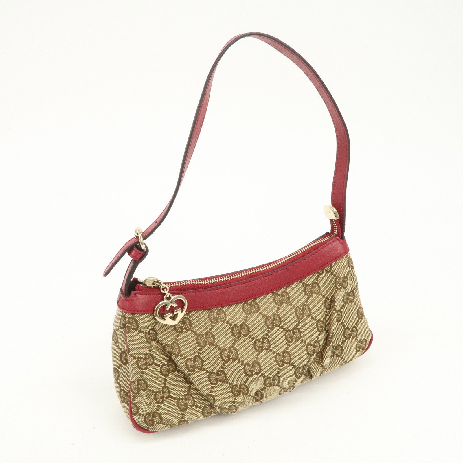 GUCCI Lovely Heart GG Monogram Canvas Leather Hand Bag Brown 245938