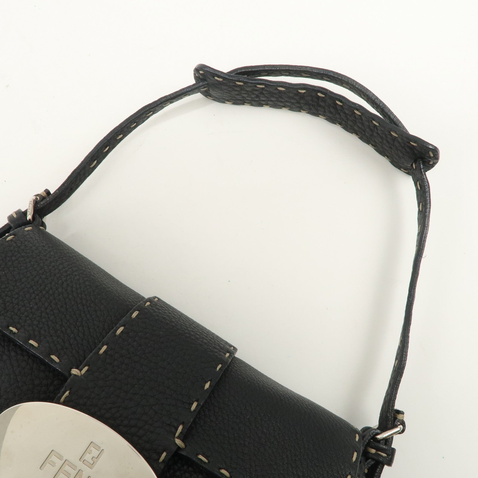 FENDI Seleria Leather Hand Bag Shoulder Bag Black 8BR430