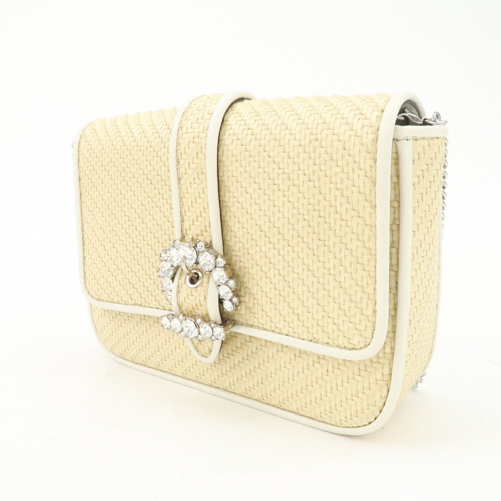 JIMMY CHOO Raffia Leather Mini Chain Shoulder Bag Beige Ivory