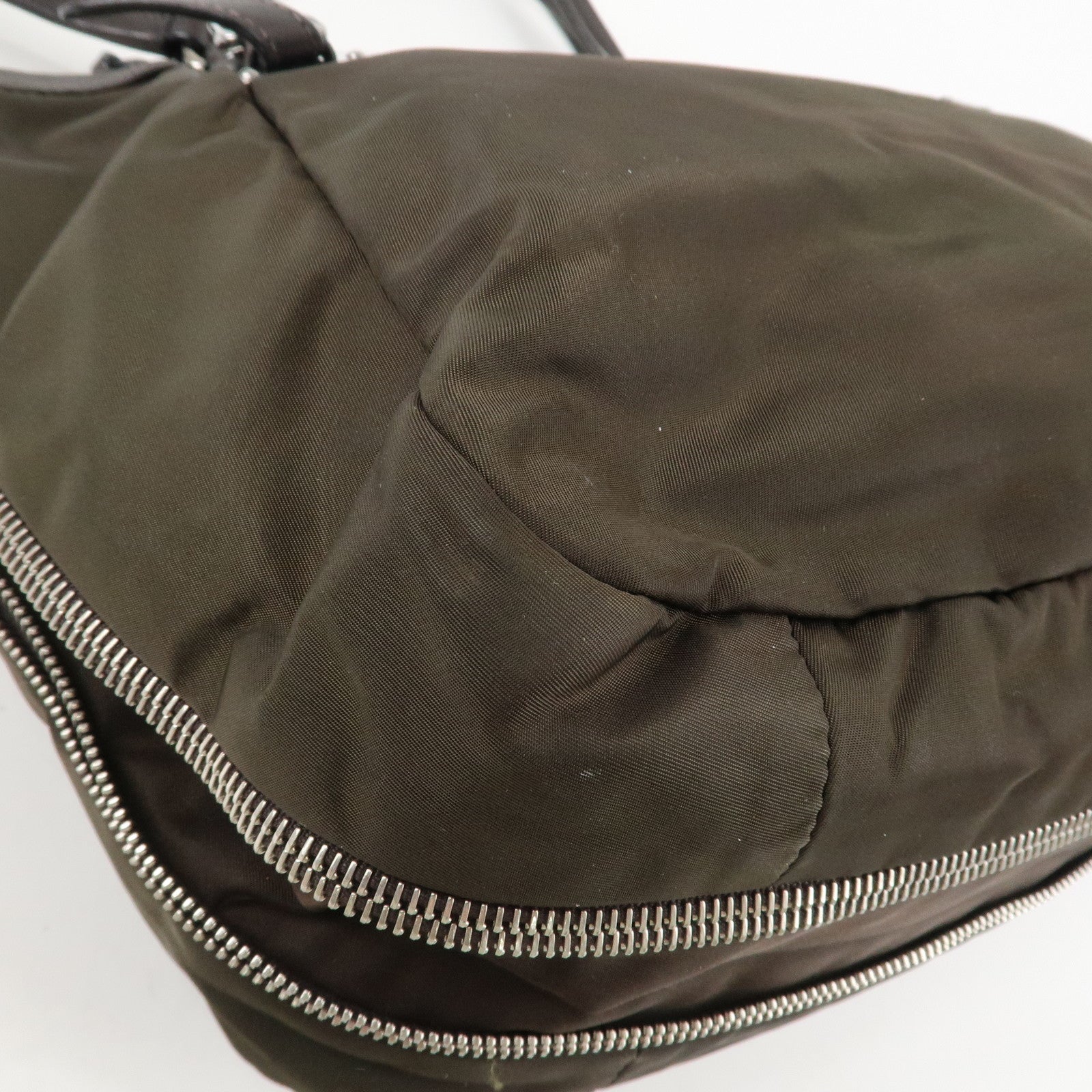 PRADA Logo Nylon Leather Tote Bag Shoulder Bag Khaki Metallic Brown Used