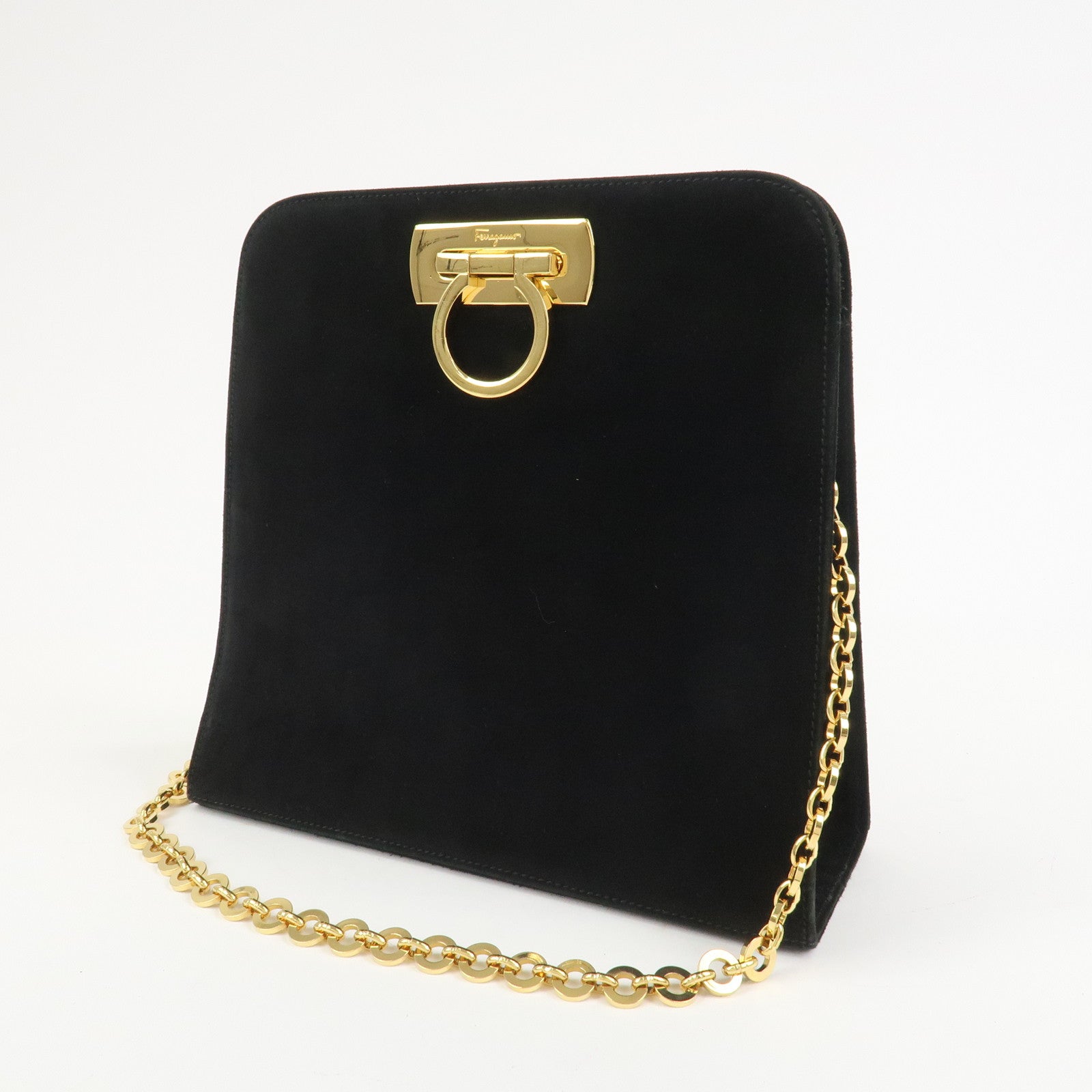 Ferragamo Gancini Suede Chain Shoulder Bag Crossbody Bag Black