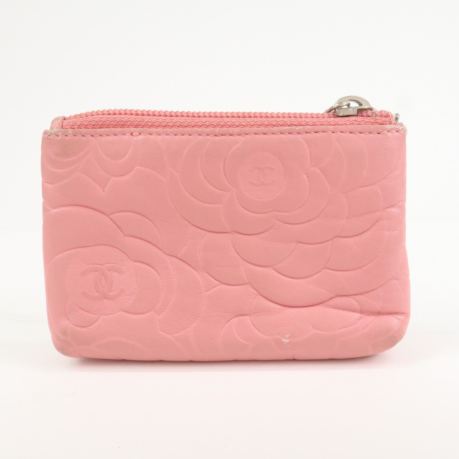 CHANEL Camellia Lamb Skin Leather Coin Case Pink