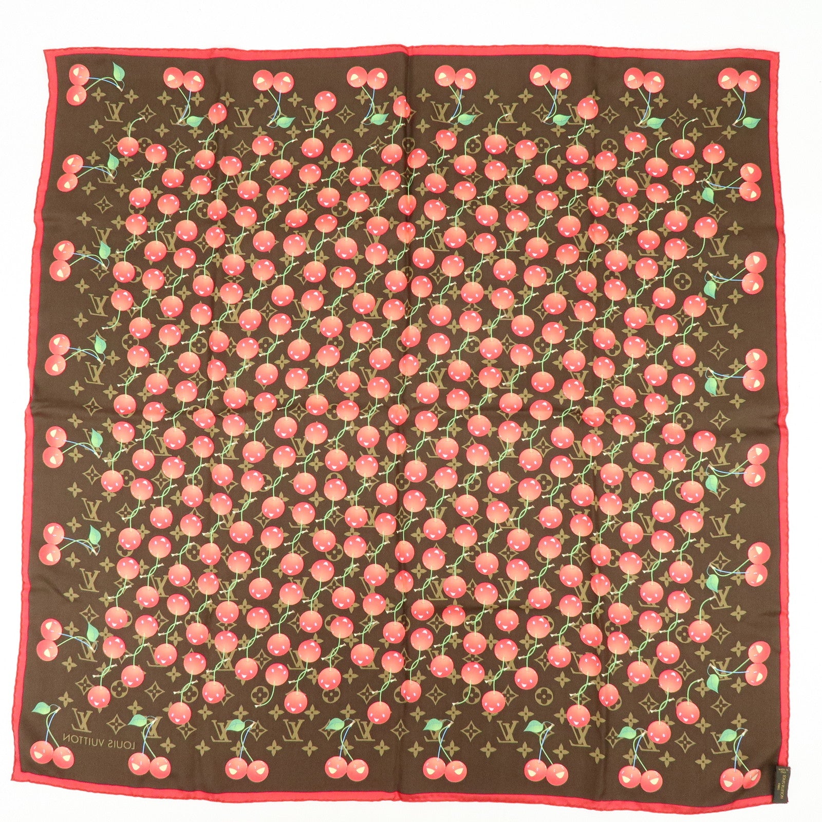 Louis Vuitton Monogram Cherry Silk 100% Scarf Brown Red M71962