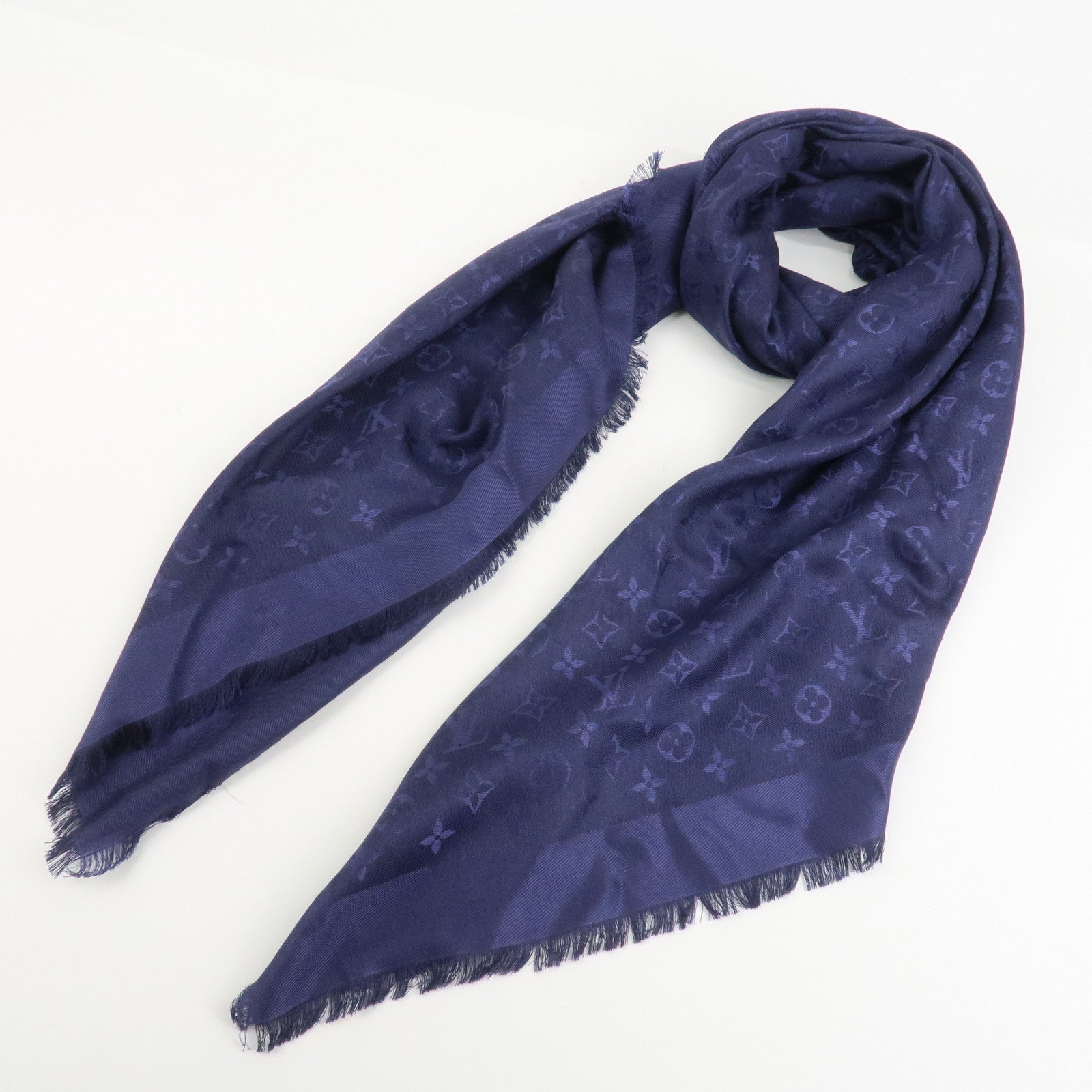 Louis Vuitton Monogram Silk Wool Scarf Shawl Bleu Nuit M72412