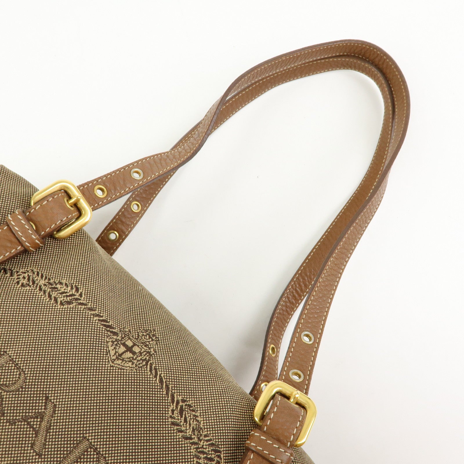 PRADA Logo Canvas Leather Boston Bag Hand Bag Beige Brown BL0600