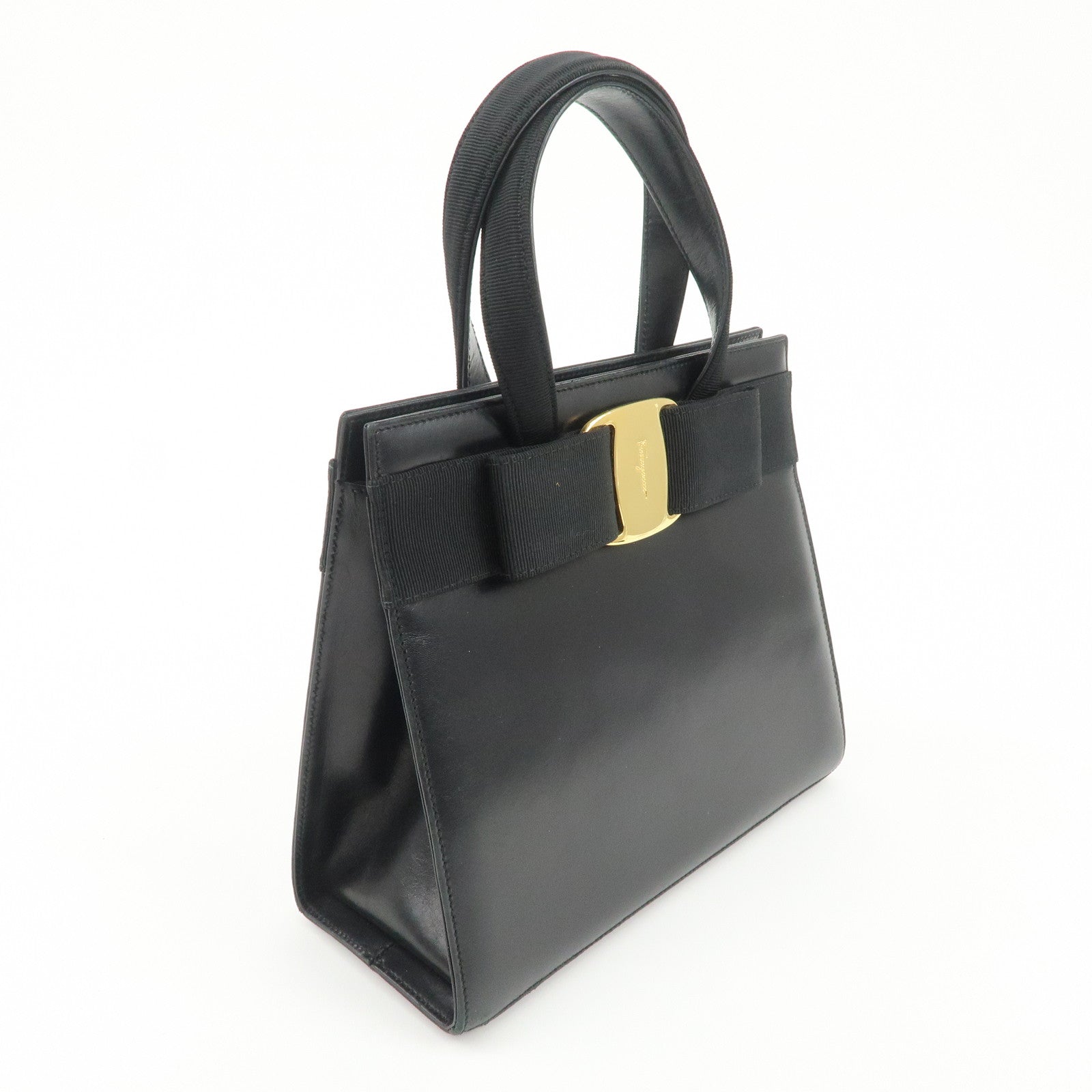 Ferragamo Vara Ribbon Leather Hand Bag Black Gold HDW