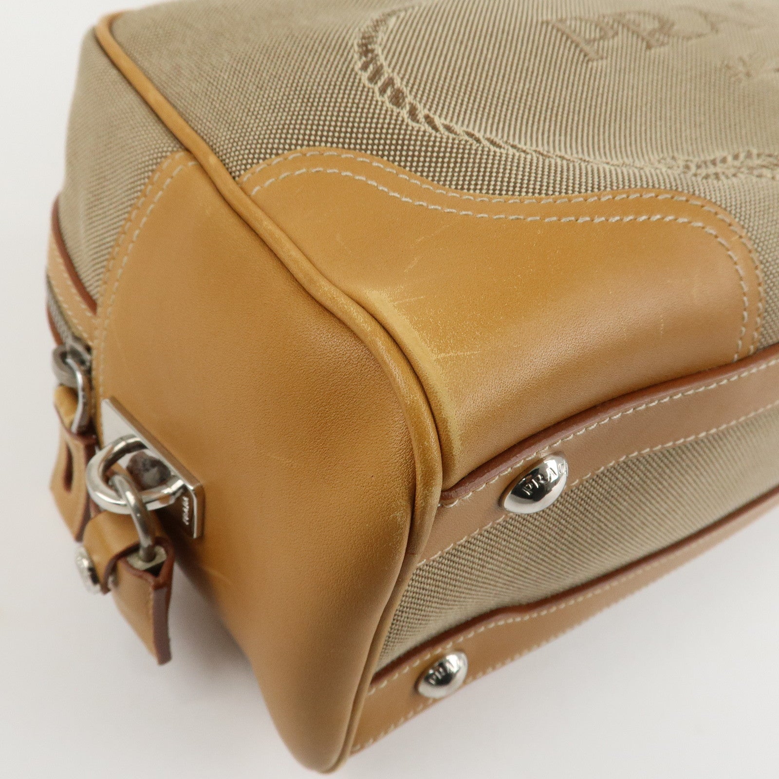 PRADA Logo Jacquard Leather Boston Bag Shoulder Bag Beige Used