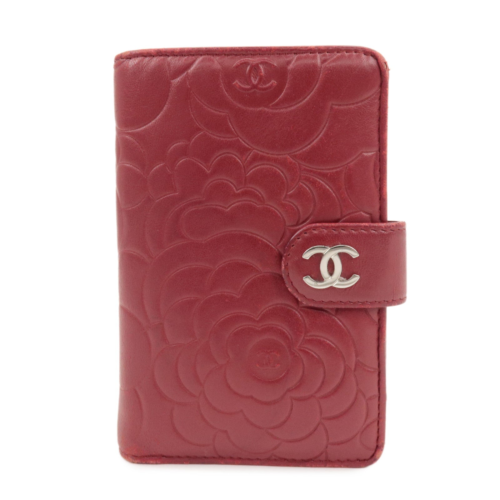 CHANEL COCO Mark Camelia Leather Bi-fold Wallet Red A50087 Used