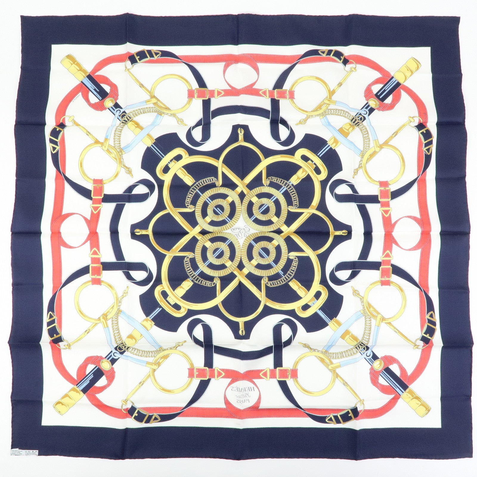 HERMES Carre 90 Silk 100% Scarf Eperon d'or Navy White Yellow Red