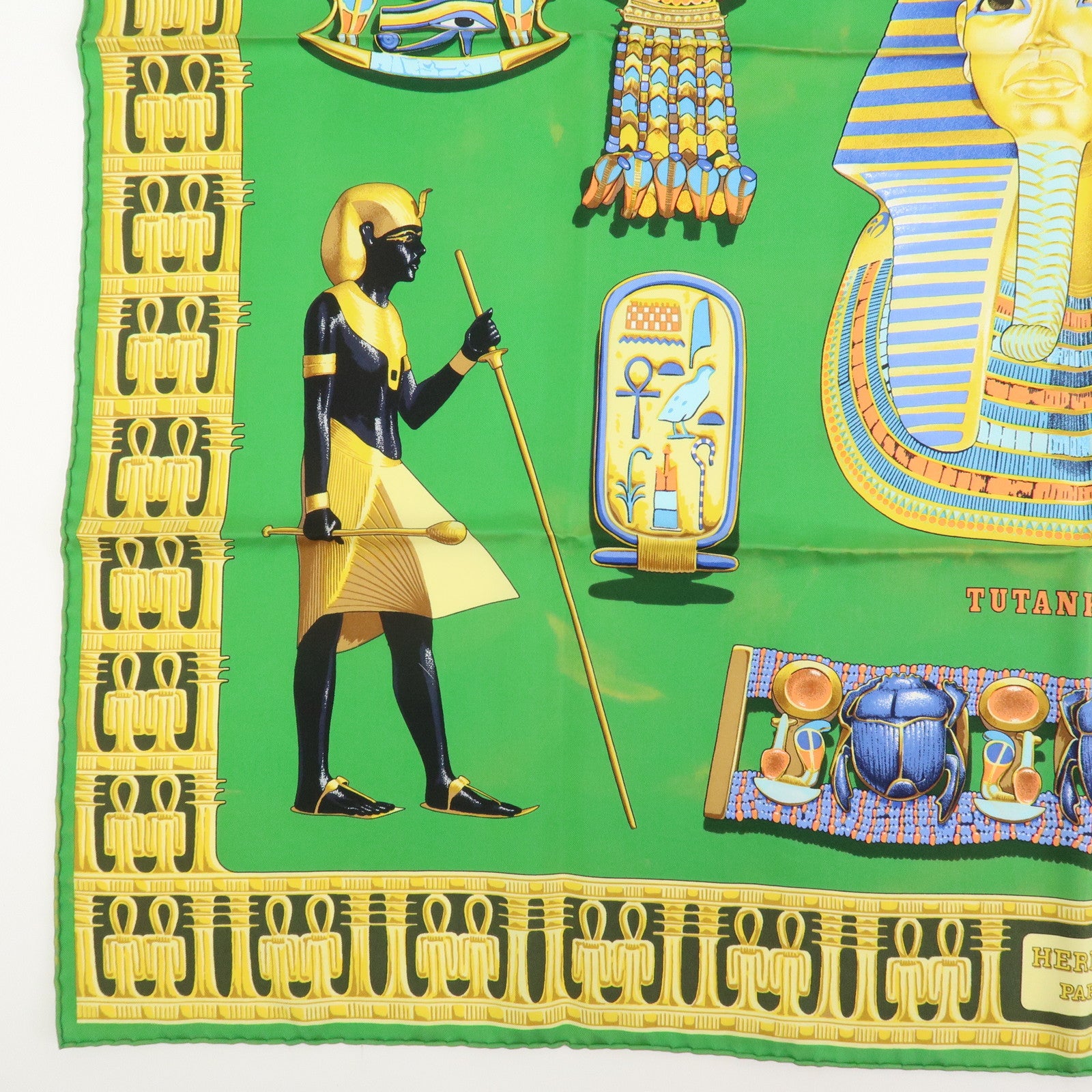 HERMES Carre 90 Silk 100% Scarf TUTANKHAMUN Green Gold
