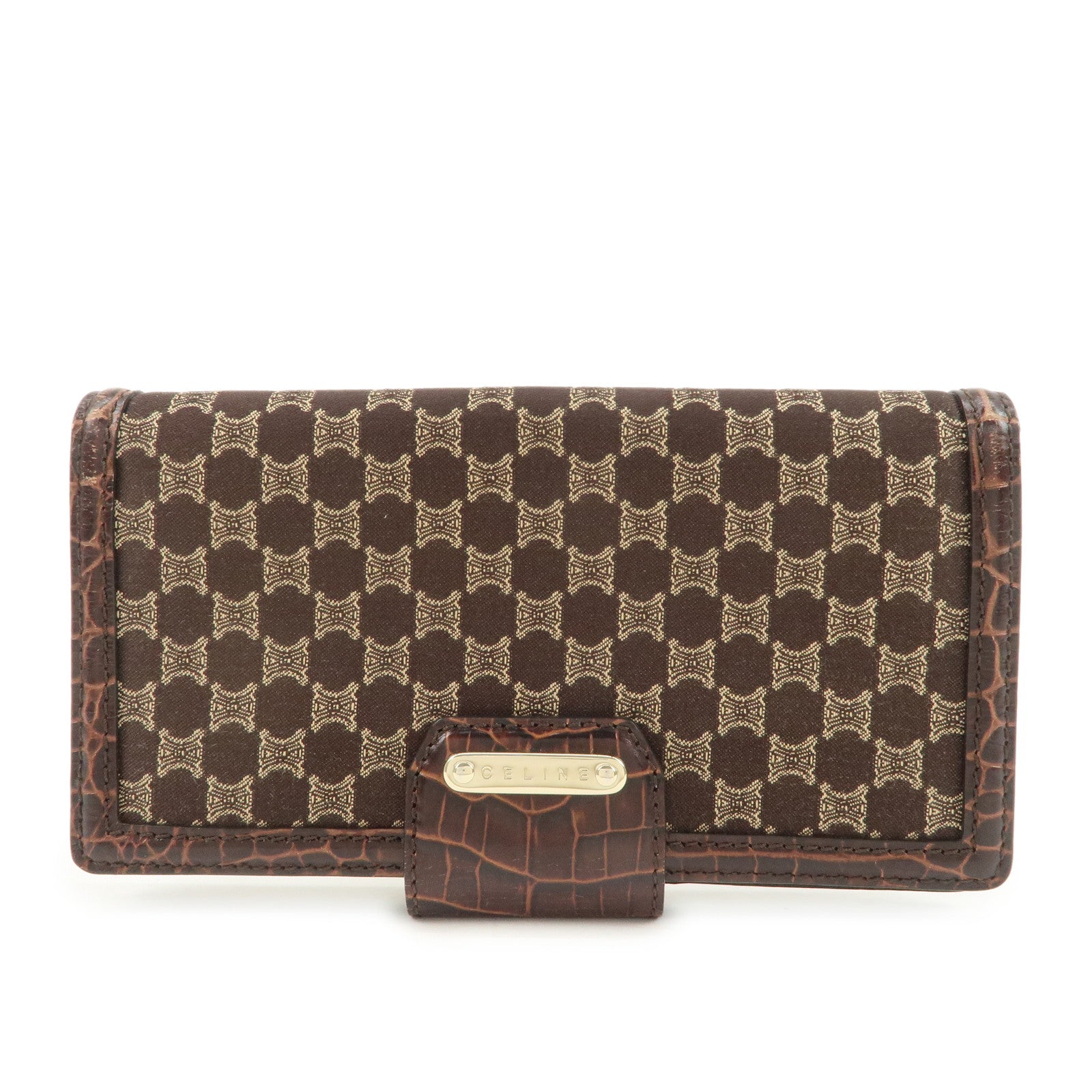 CELINE Macadam Canvas Leather Flap Long Wallet Brown