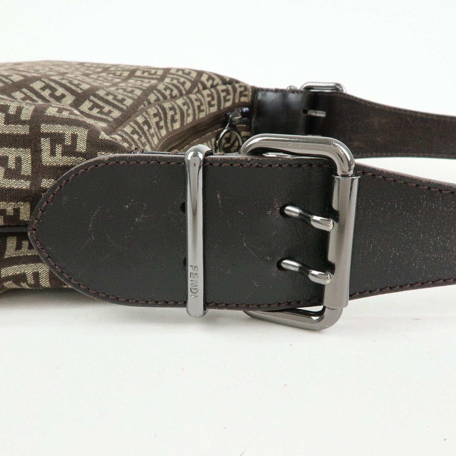 FENDI Zucchino Canvas Leather Shoulder Bag Dark Brown 8BR228