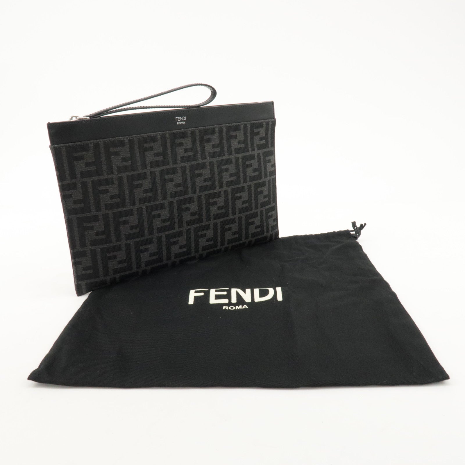 FENDI Zucca Leather Canvas Slim Clutch Medium Black Gray 7N0134 Used