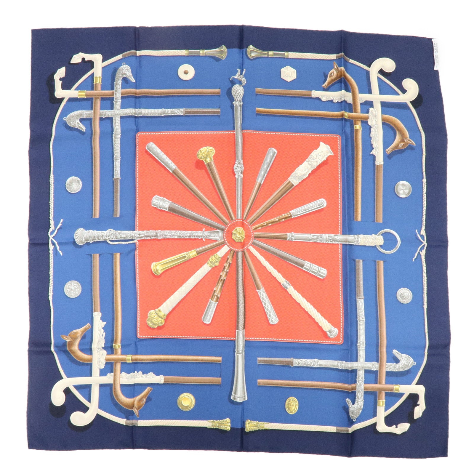 HERMES Carre 90 Silk 100% Scarf CANNES ET POMMEAUX Navy Brown