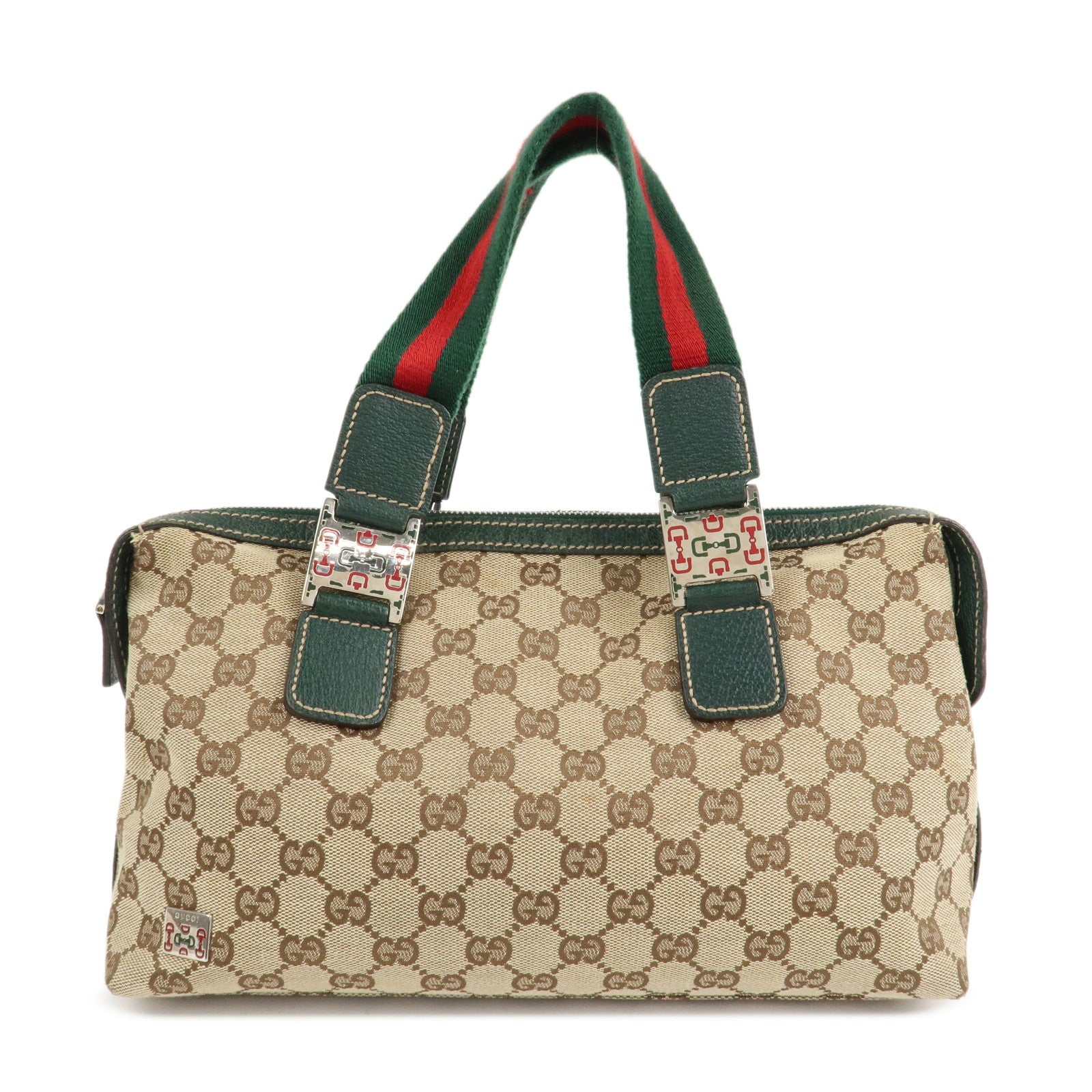 GUCCI Sherry GG Canvas Leather Hand Bag Beige Green 145759