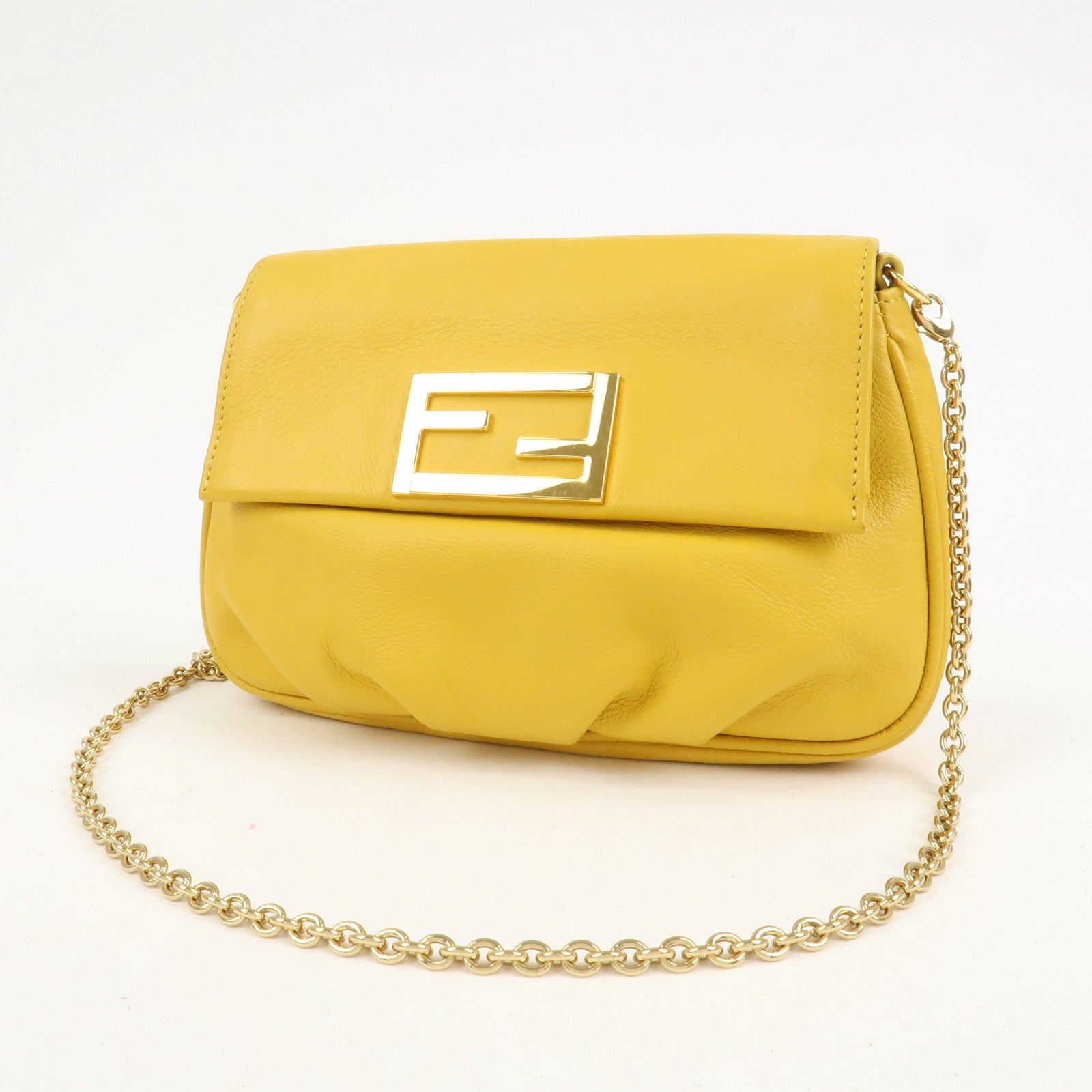 FENDI Leather Chain Shoulder Bag Purse Crossbody Bag Yellow 8M0276