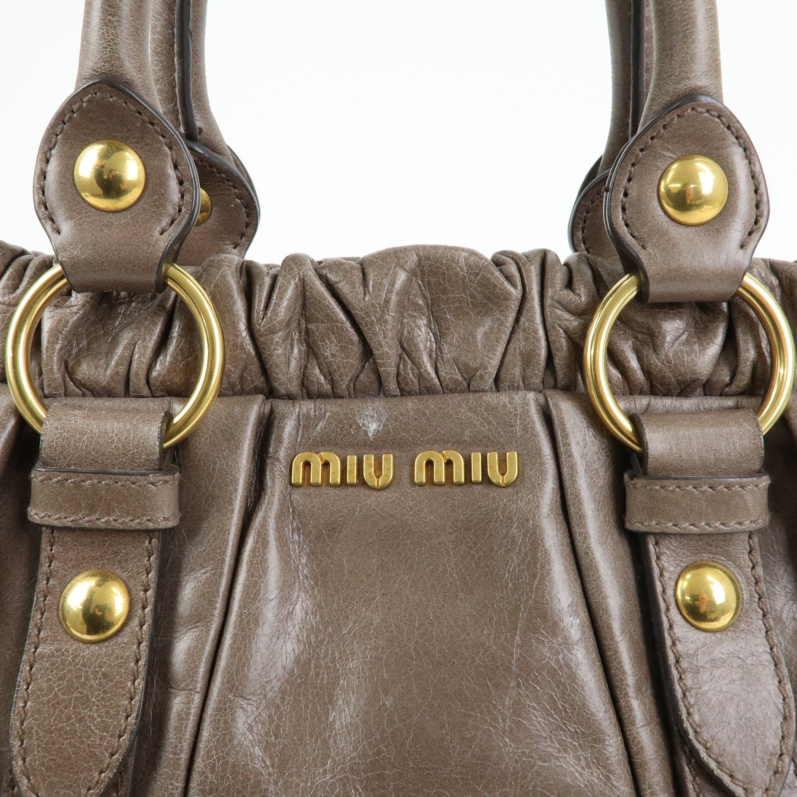 MIU MIU Logo Leather Hand Bag Tote Bag Gray Gold