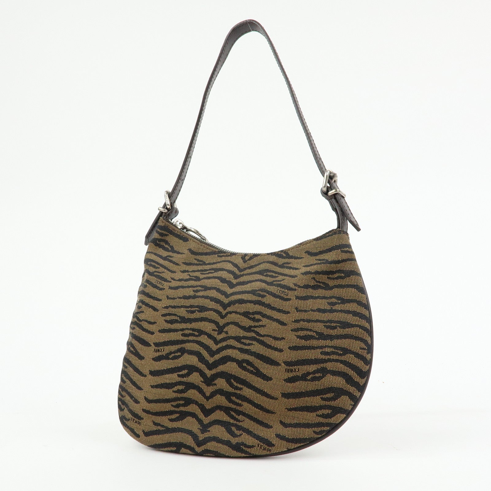 FENDI Canvas Leather Shoulder Bag Leopard Brown Black 8BR248