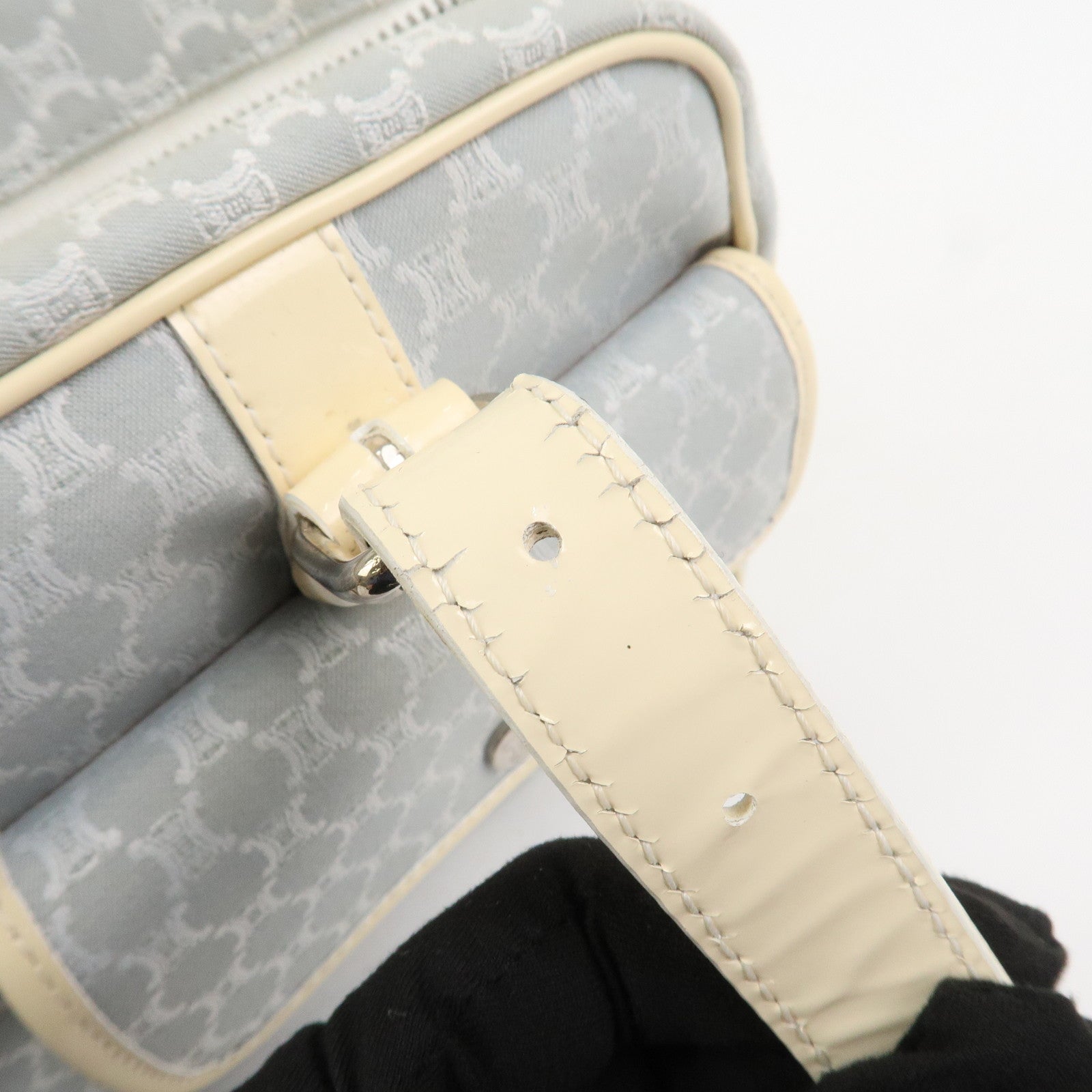 CELINE Macadam Canvas Leather Shoulder Bag Hand Bag Blue Ivory