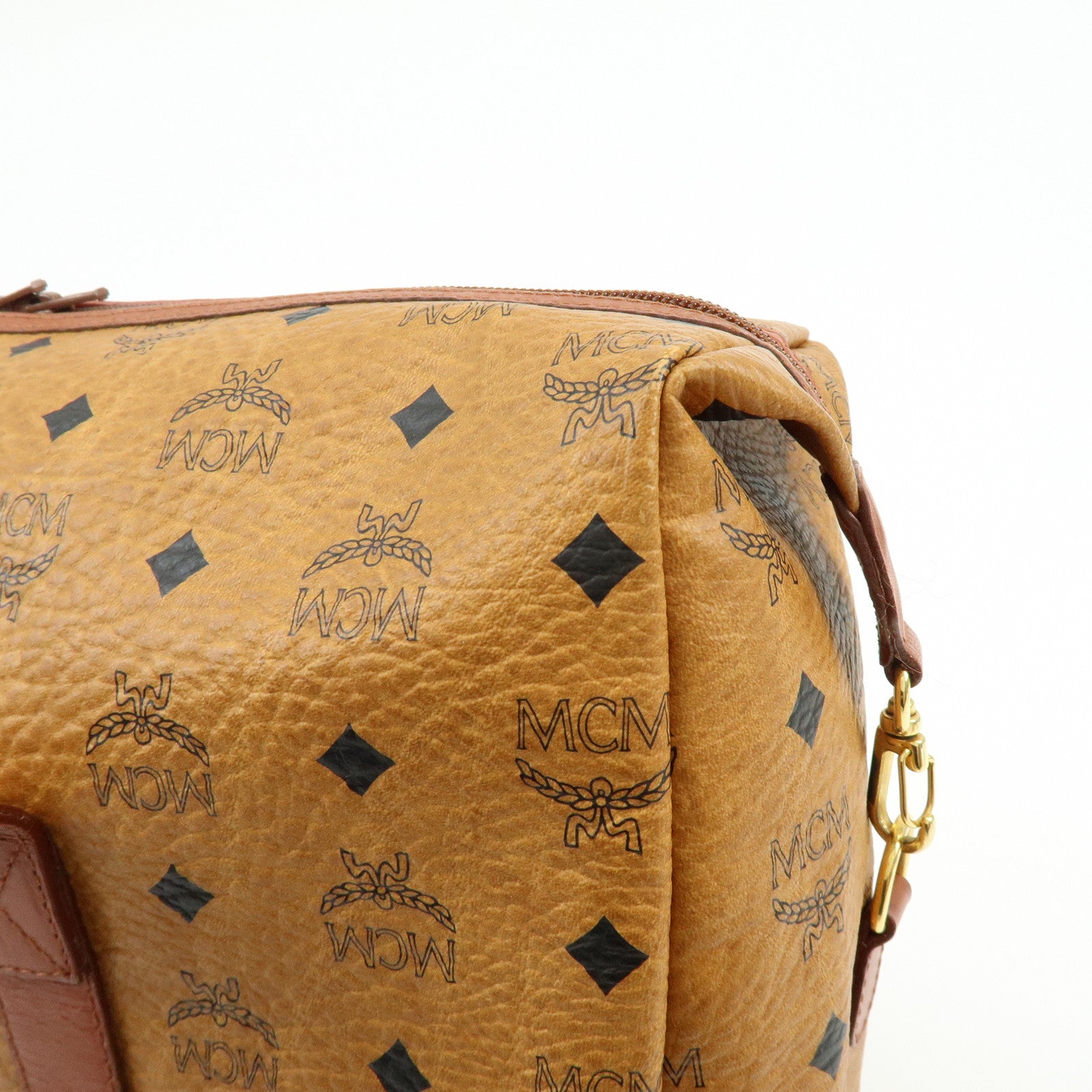 MCM Visetos PVC Leather Tote Bag Boston Bag Hand Bag Cognac Brown