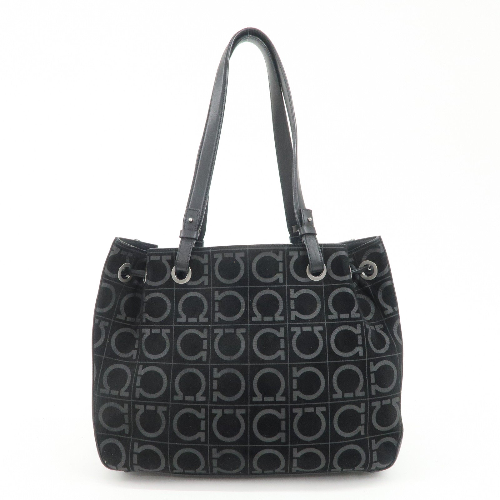 Ferragamo Gancini Leather Suede Shoulder Bag Hand Bag Black