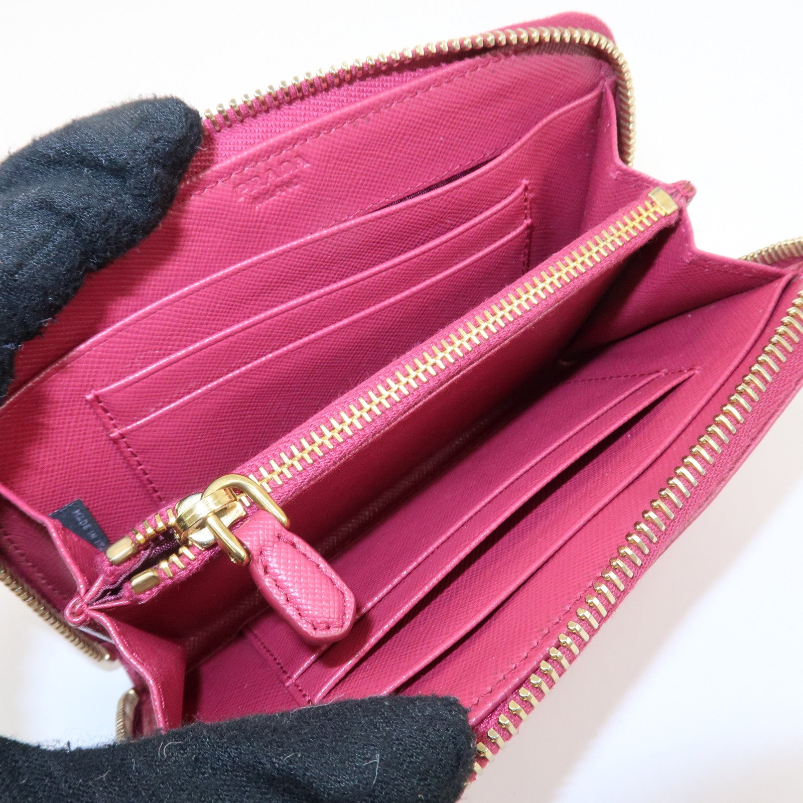 PRADA Logo Leather Round Zippy Wallet Pink Gold Hardware Used