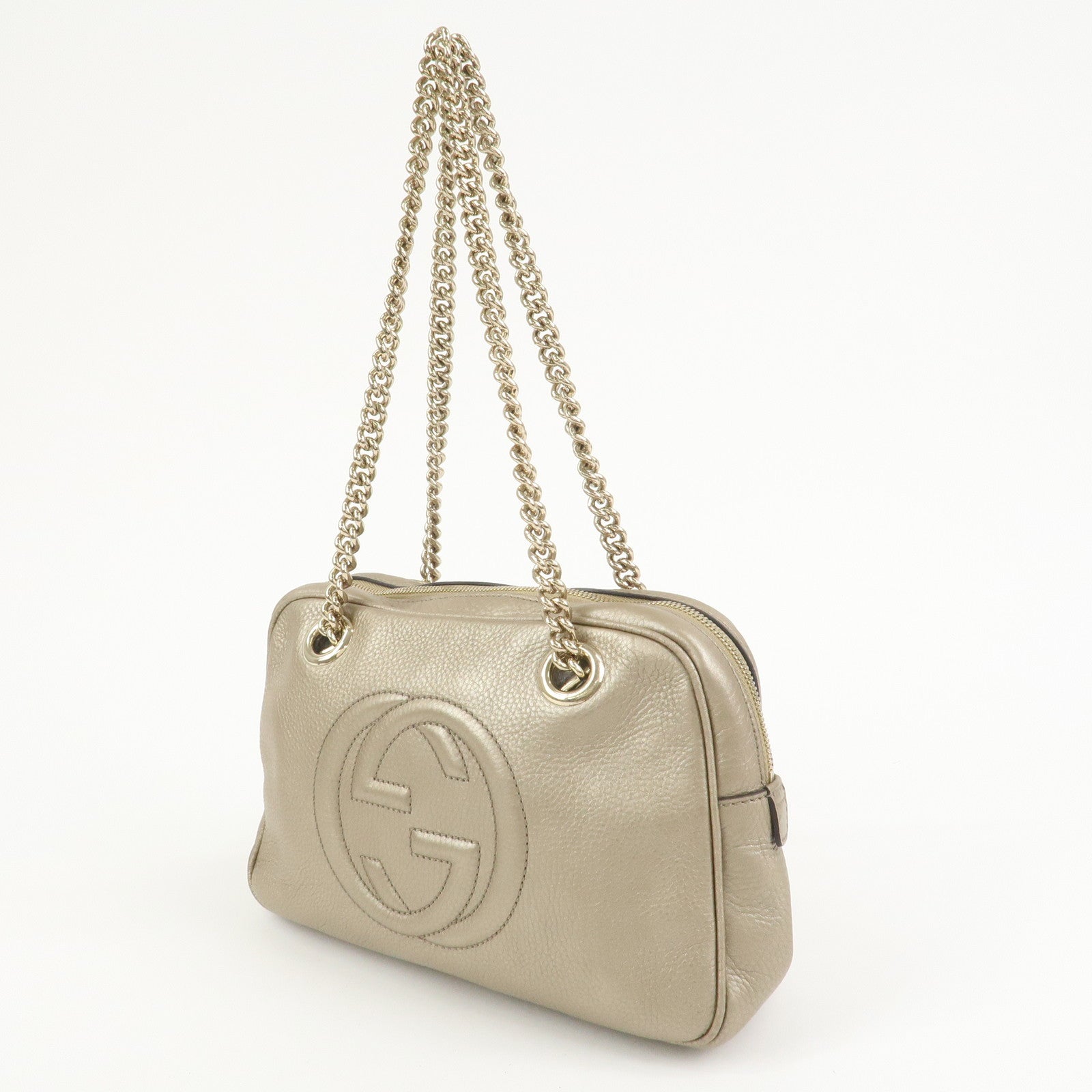 GUCCI SOHO Interlocking G Leather Shoulder Bag Metallic Brown 308983