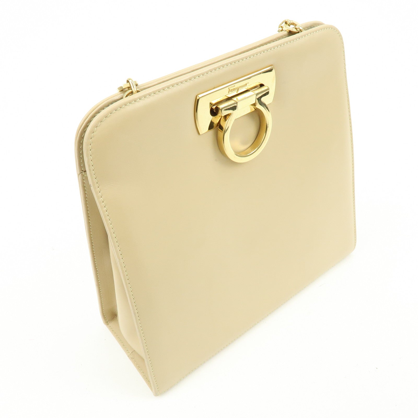 Ferragamo Gancini Leather Shoulder Bag Crossbody Bag Beige