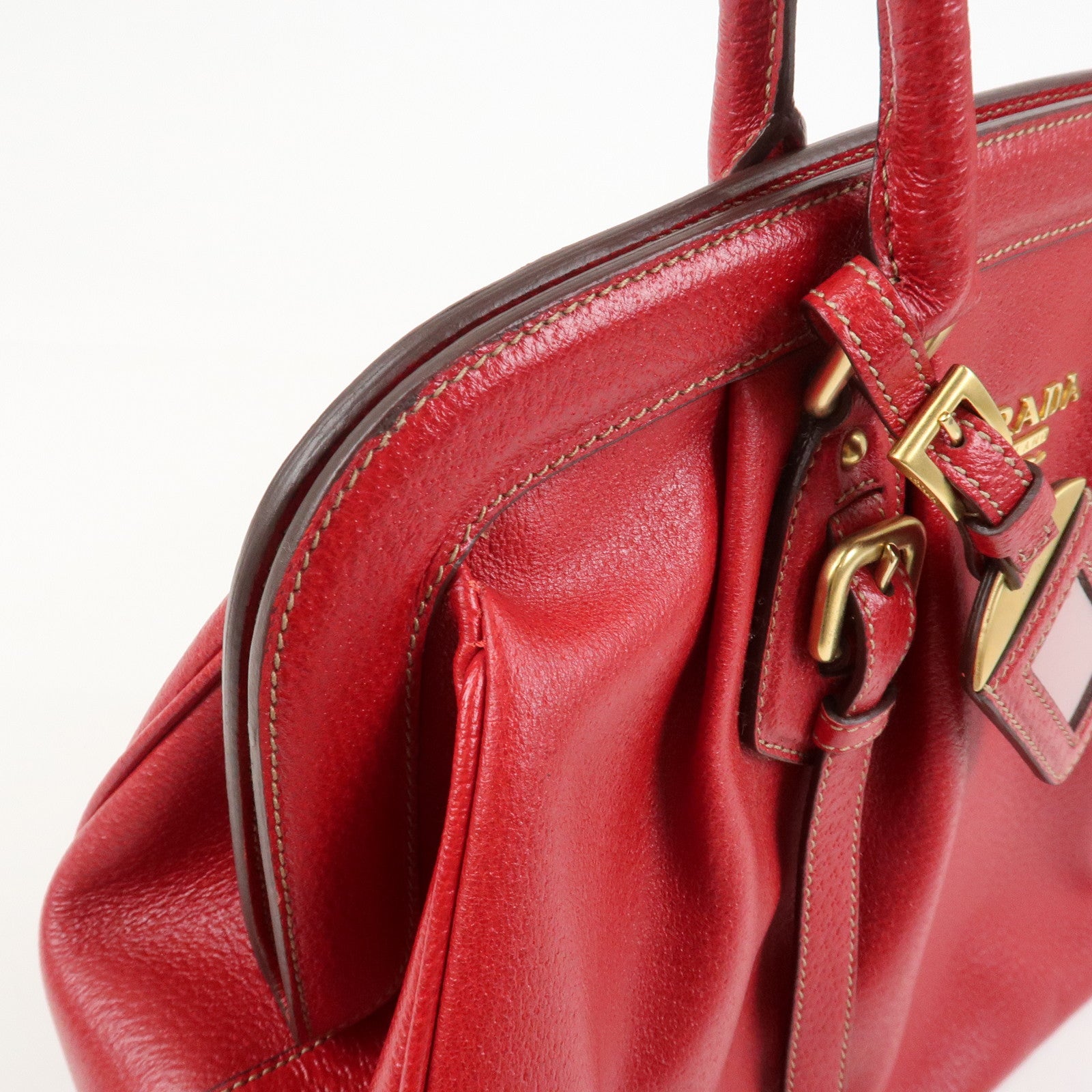 PRADA Logo Leather Hand Bag Shoulder Bag Red BR3508