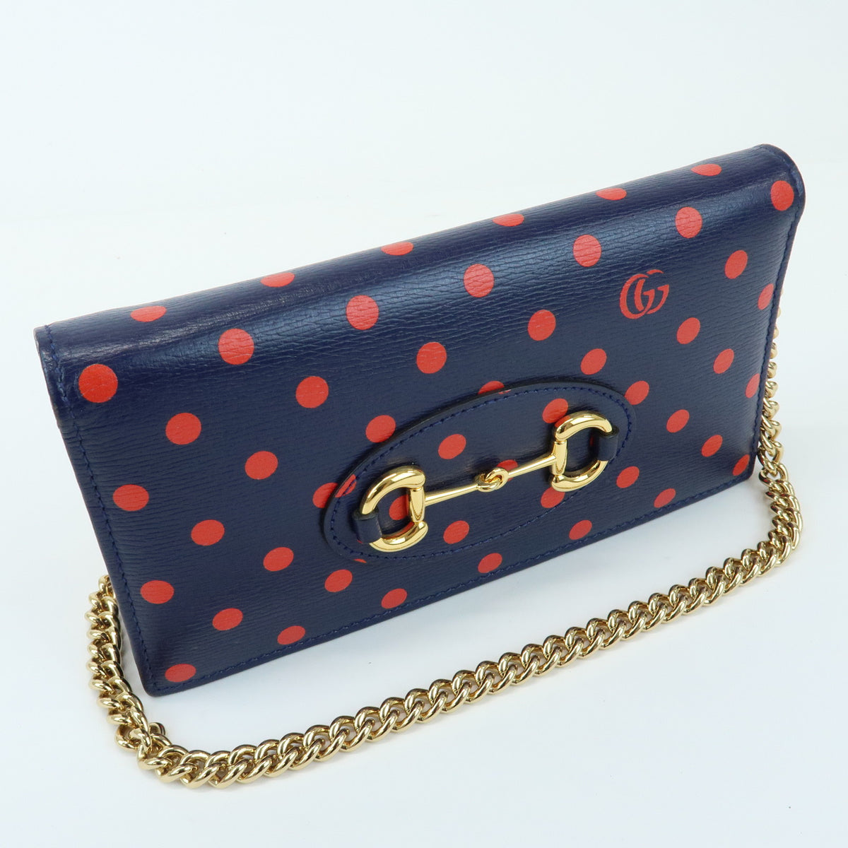 GUCCI Horsebit 1955 Calf Leather Chain Long Wallet Navy Red 621892