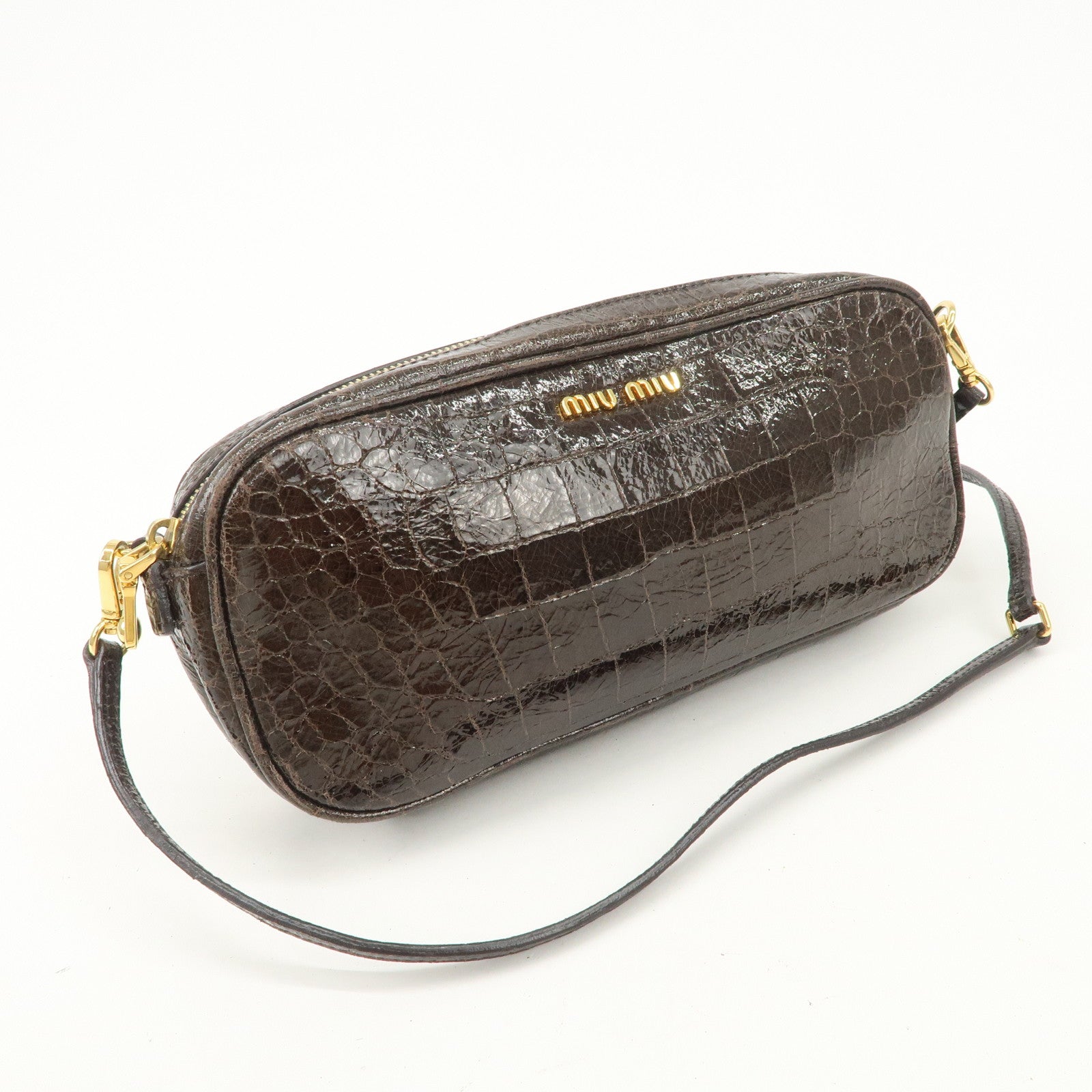 MIU MIU Embossed Leather Shoulder Crossbody Bag Dark Brown 5N1477