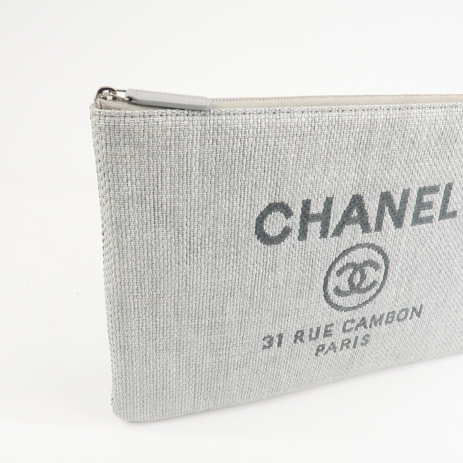 CHANEL Deauville Nylon Canvas Pouch Clutch Bag Light Gray A80118