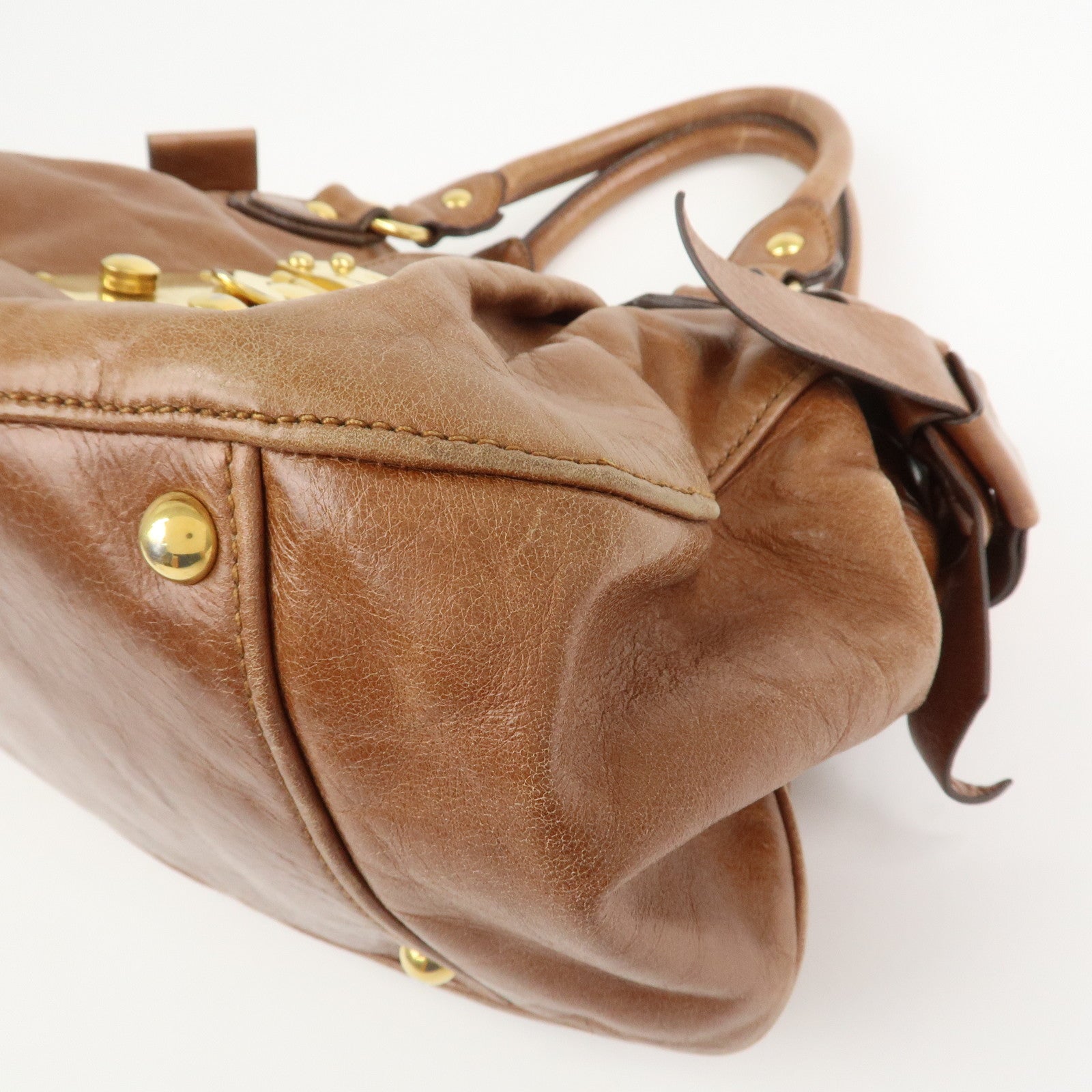 MIU MIU Side Ribbon Leather 2Way Shoulder Hand Bag Brown RN0686