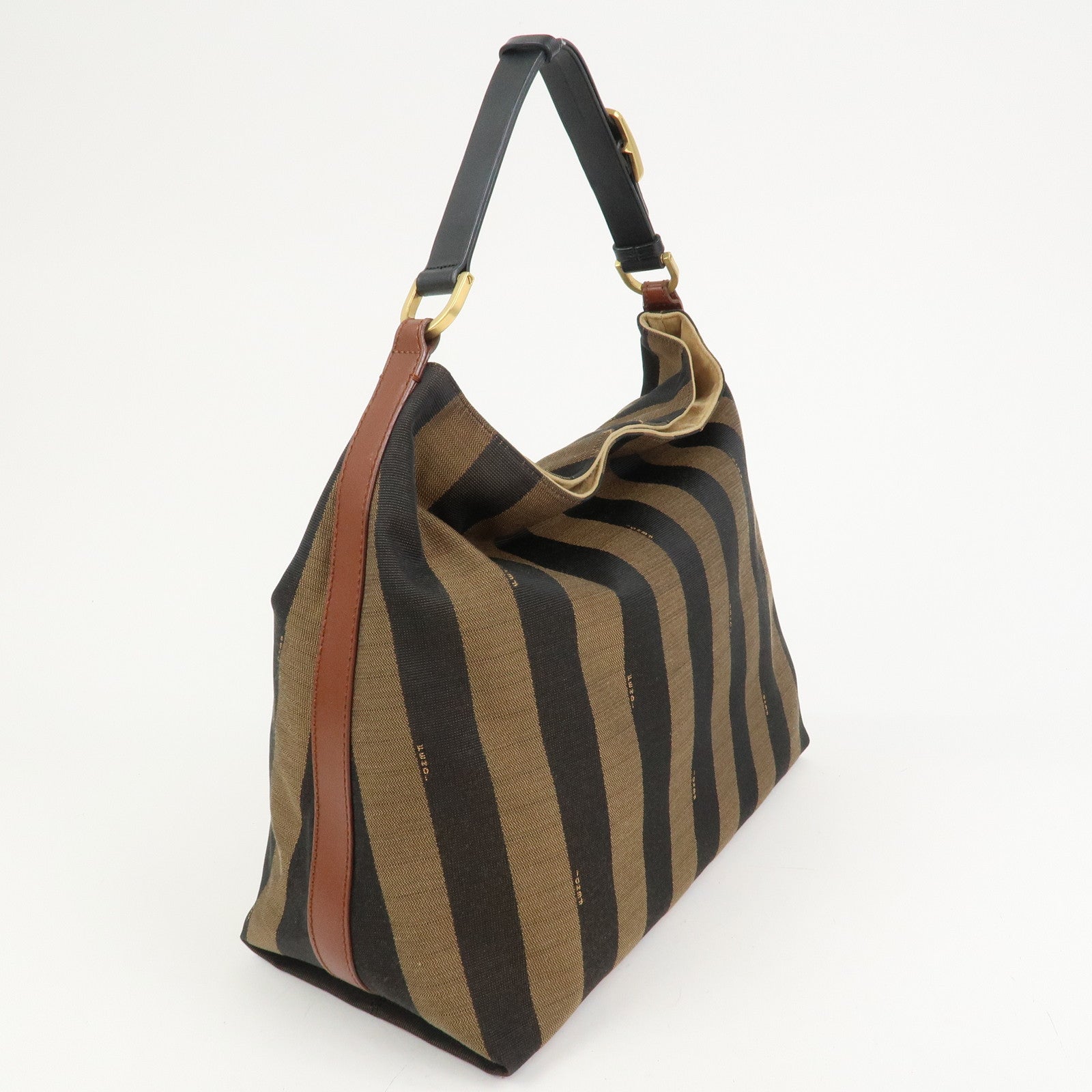 FENDI Pequin Canvas Leather Shoulder Bag Hand Bag Brown 8BR653