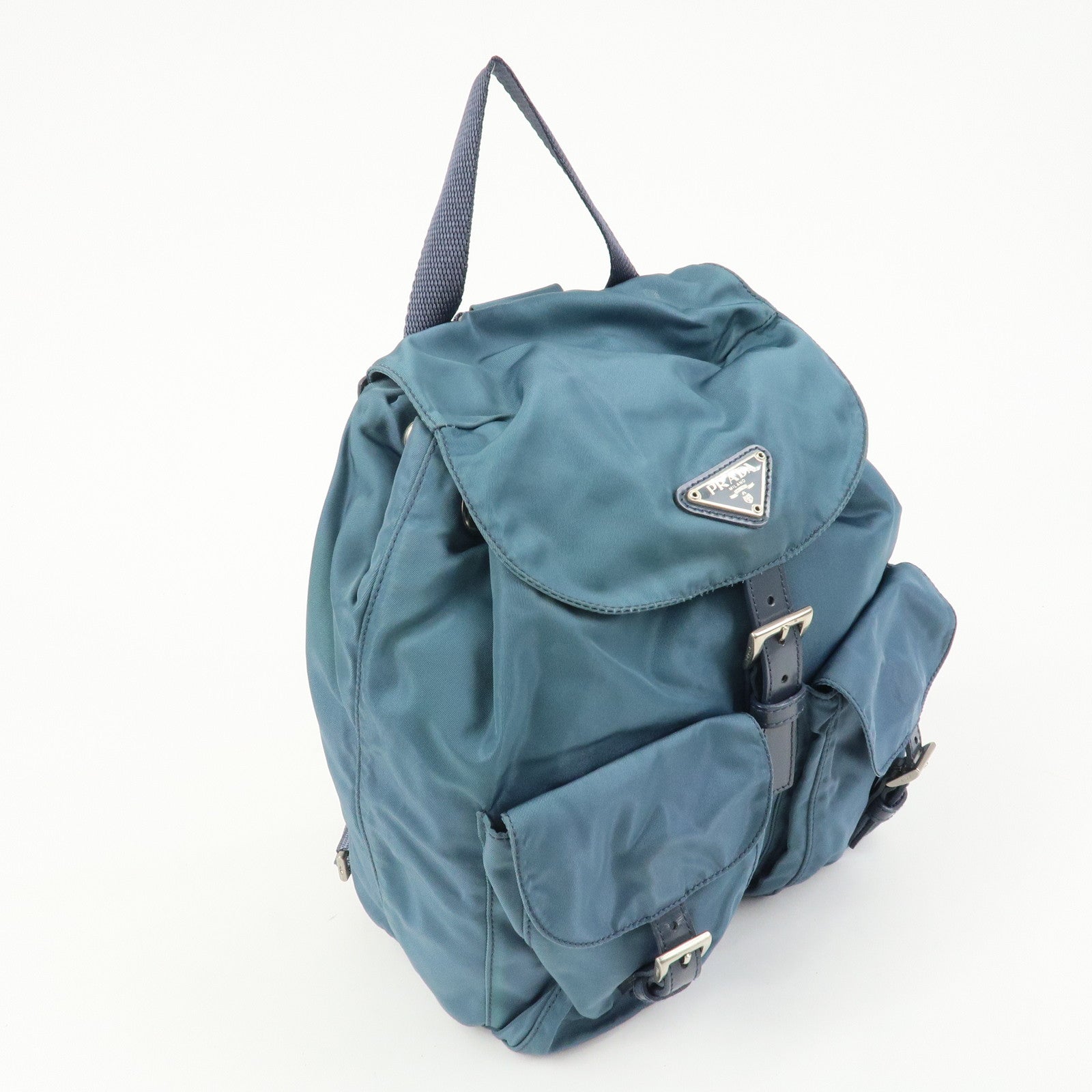 PRADA Triangle Logo Nylon Leather Backpack Rucksack Blue B6677F