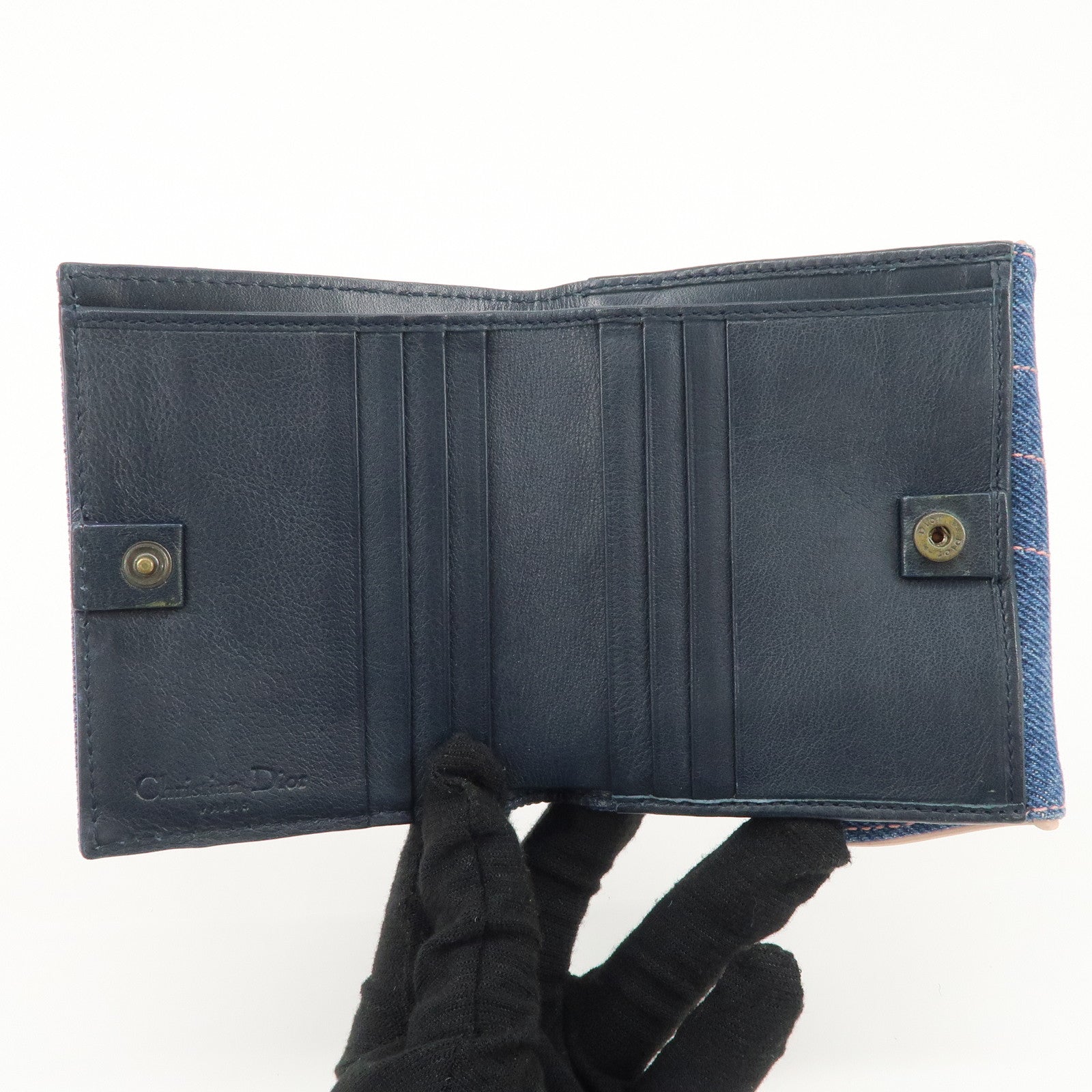 Christian Dior Saddle Lotus Wallet Denim Blue Pink Silver GDW Used