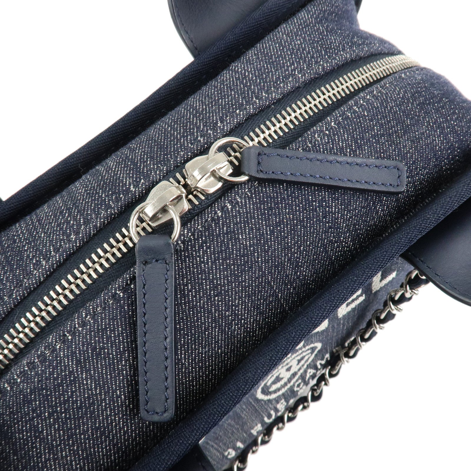 CHANEL Deauville Leather Denim 2Way Bag Bowling Bag Navy A92749 Used