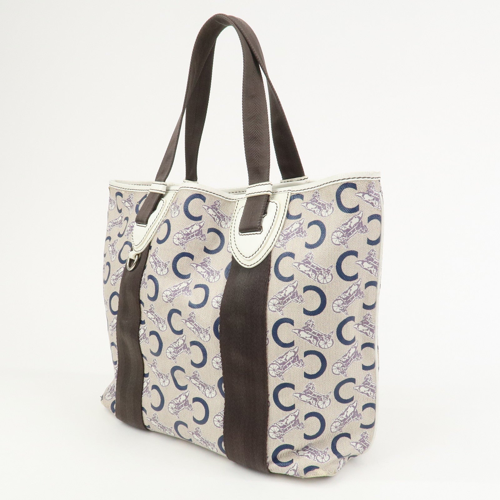 CELINE C Macadam PVC Canvas Leather Tote Bag Hand Bag Ivory Black