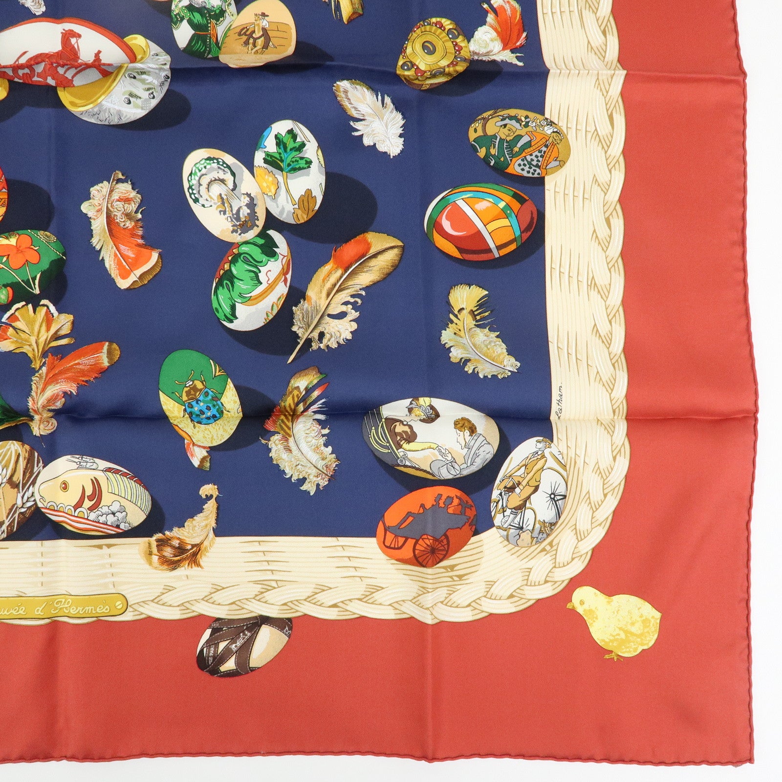 HERMES Carre 90 Silk 100% Scarf COUVEE D HERMES Egg Print Navy Red